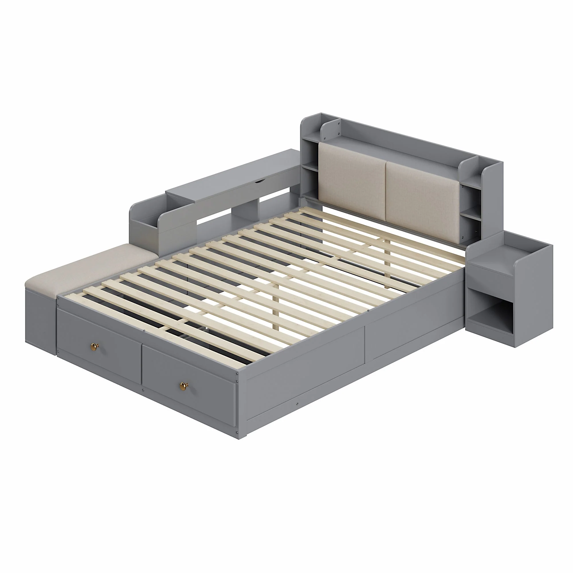 Solid Wood Combo Bed, 140x200cm with Storage & Sofa Bench, Gray - Image 10