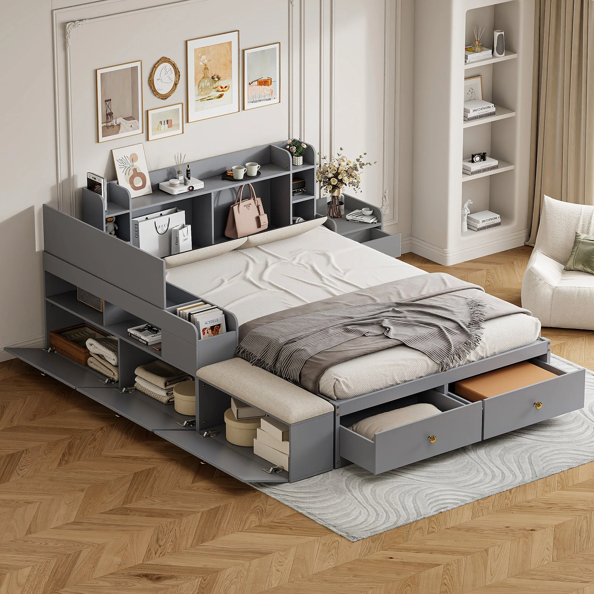 Solid Wood Combo Bed, 140x200cm with Storage & Sofa Bench, Gray - Image 2