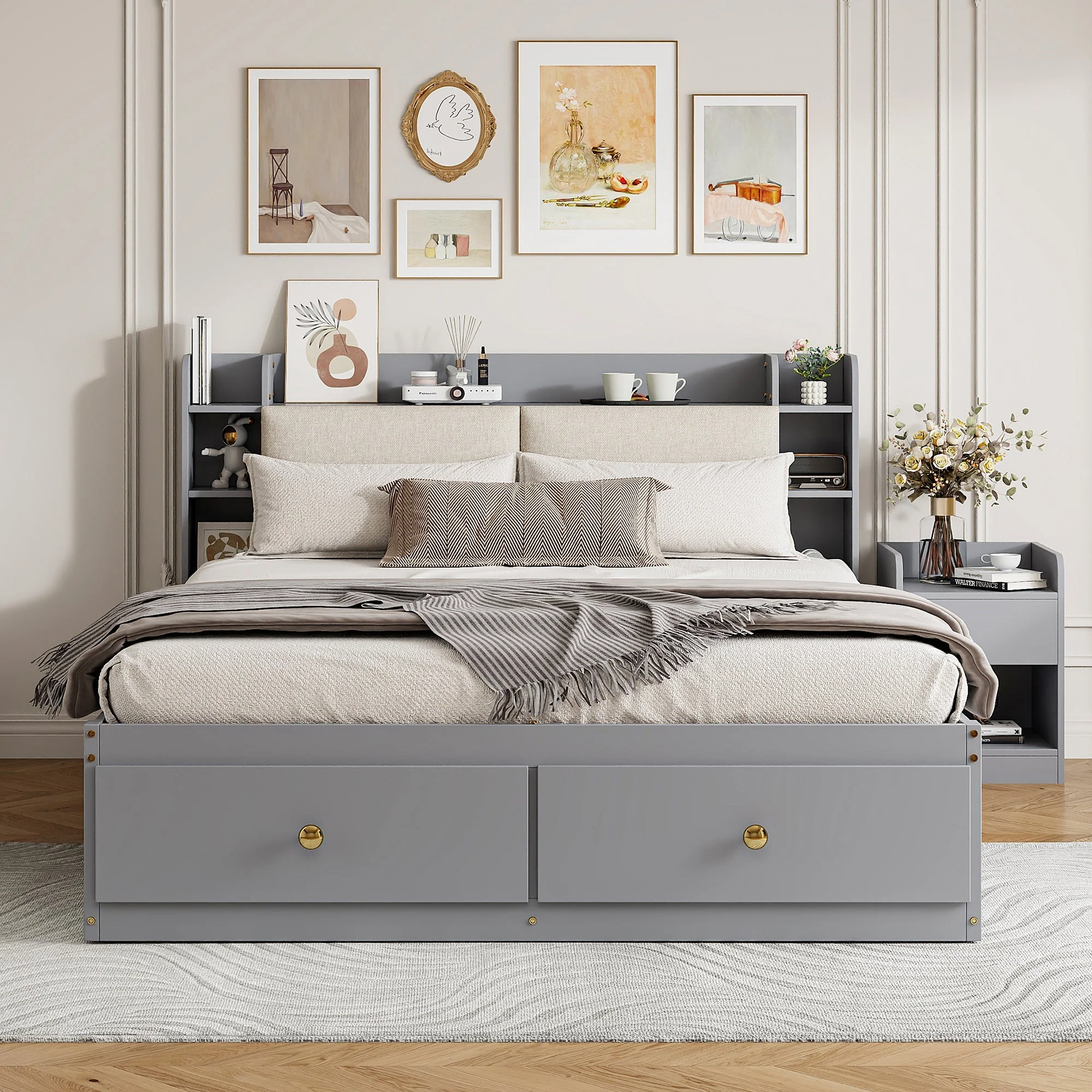 Solid Wood Combo Bed, 140x200cm with Storage & Sofa Bench, Gray - Image 3