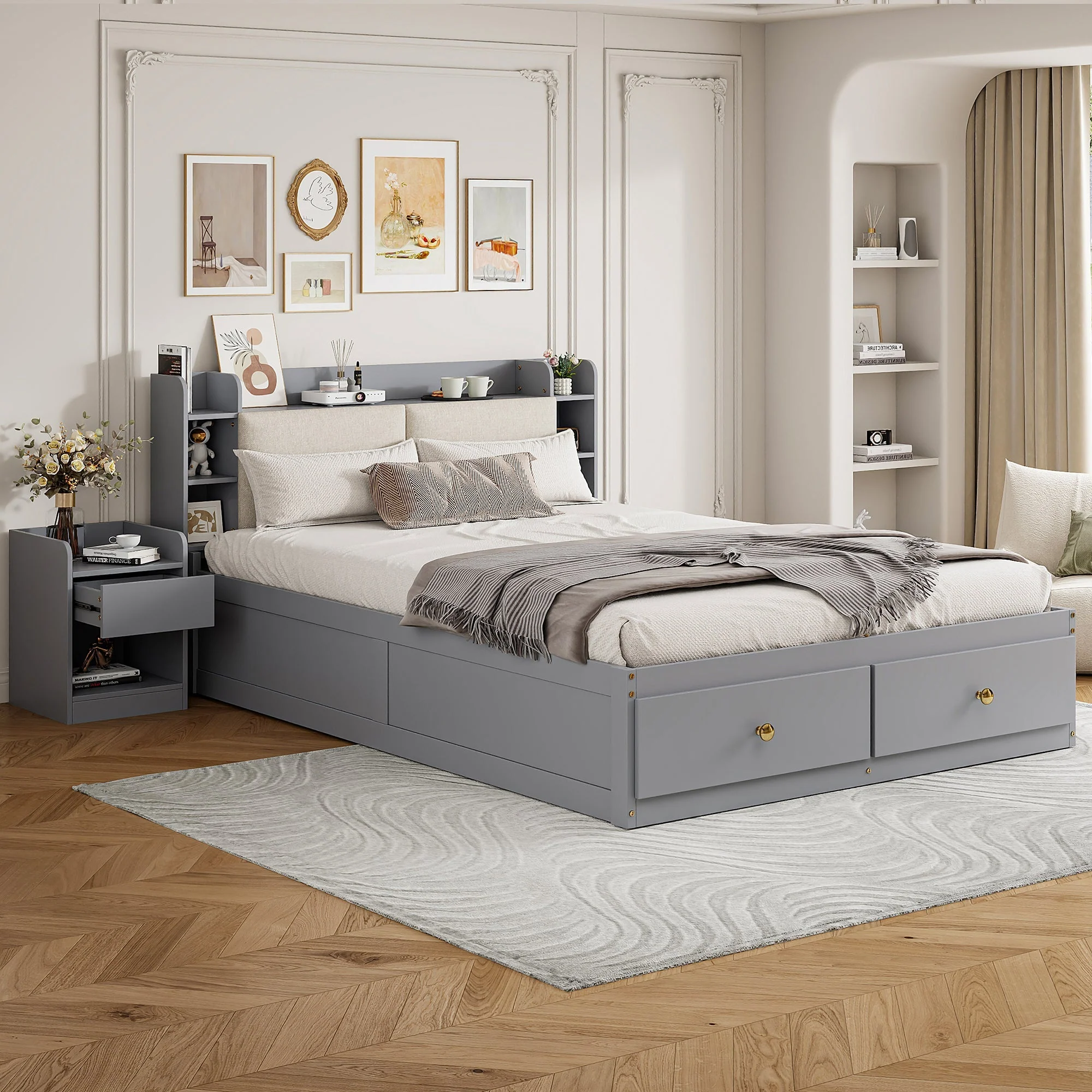 Solid Wood Combo Bed, 140x200cm with Storage & Sofa Bench, Gray - Image 4