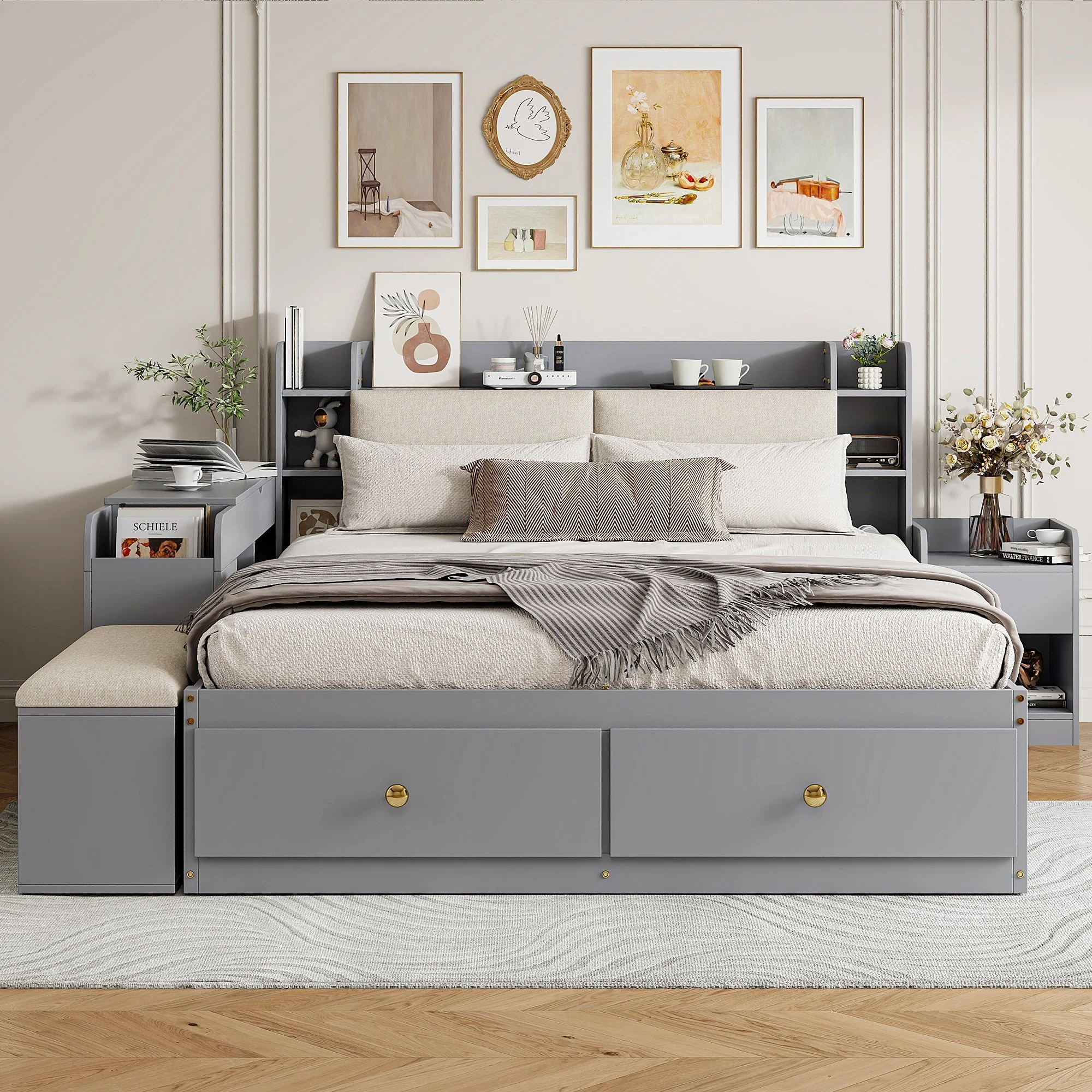Solid Wood Combo Bed, 140x200cm with Storage & Sofa Bench, Gray - Image 5