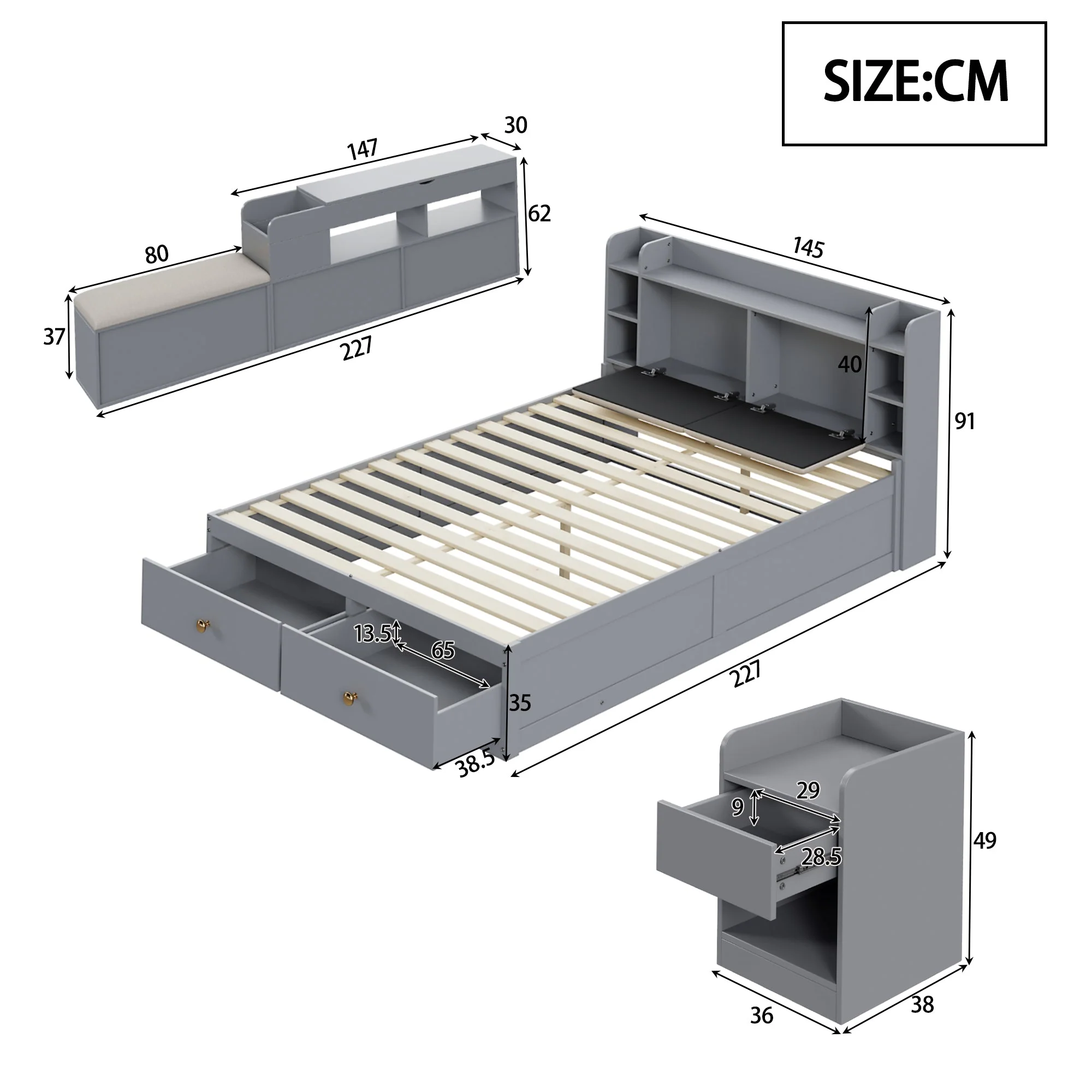 Solid Wood Combo Bed, 140x200cm with Storage & Sofa Bench, Gray - Image 6