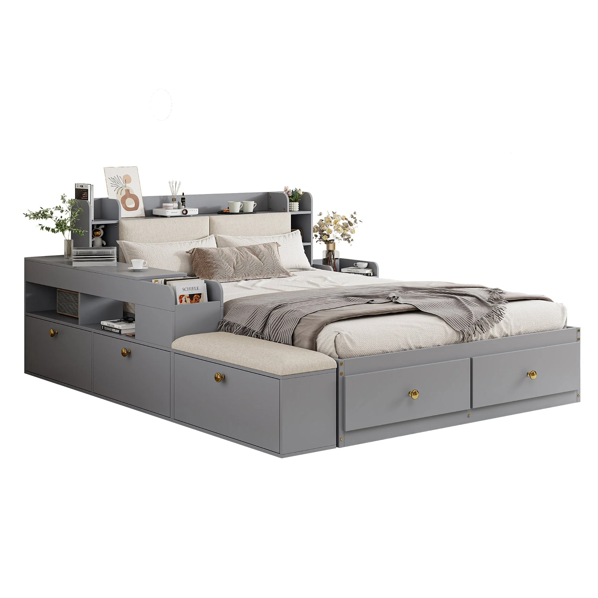 Solid Wood Combo Bed, 140x200cm with Storage & Sofa Bench, Gray - Image 7