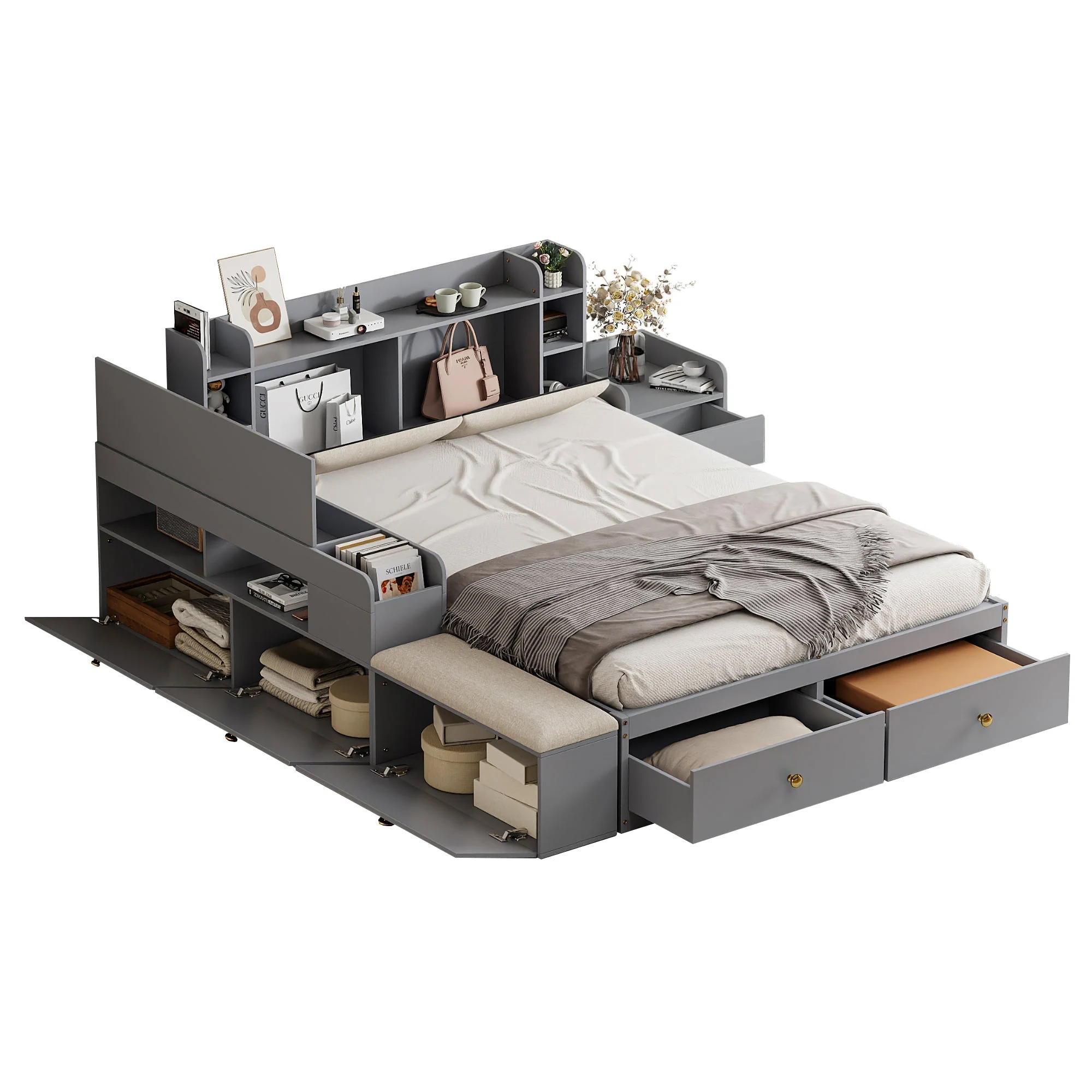 Solid Wood Combo Bed, 140x200cm with Storage & Sofa Bench, Gray - Image 8