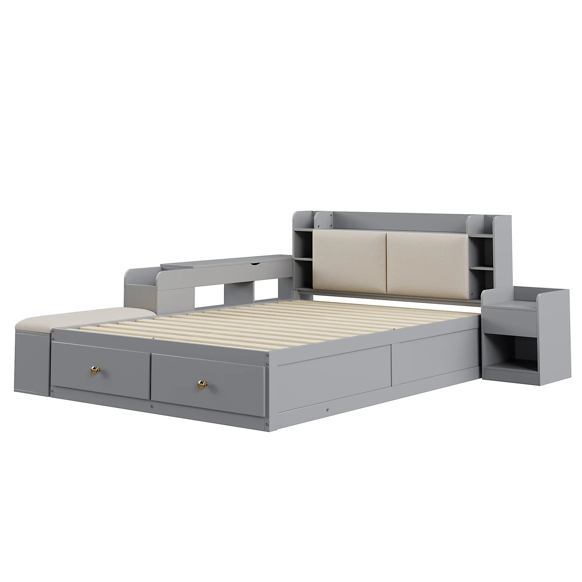 Solid Wood Combo Bed, 140x200cm with Storage & Sofa Bench, Gray - Image 9