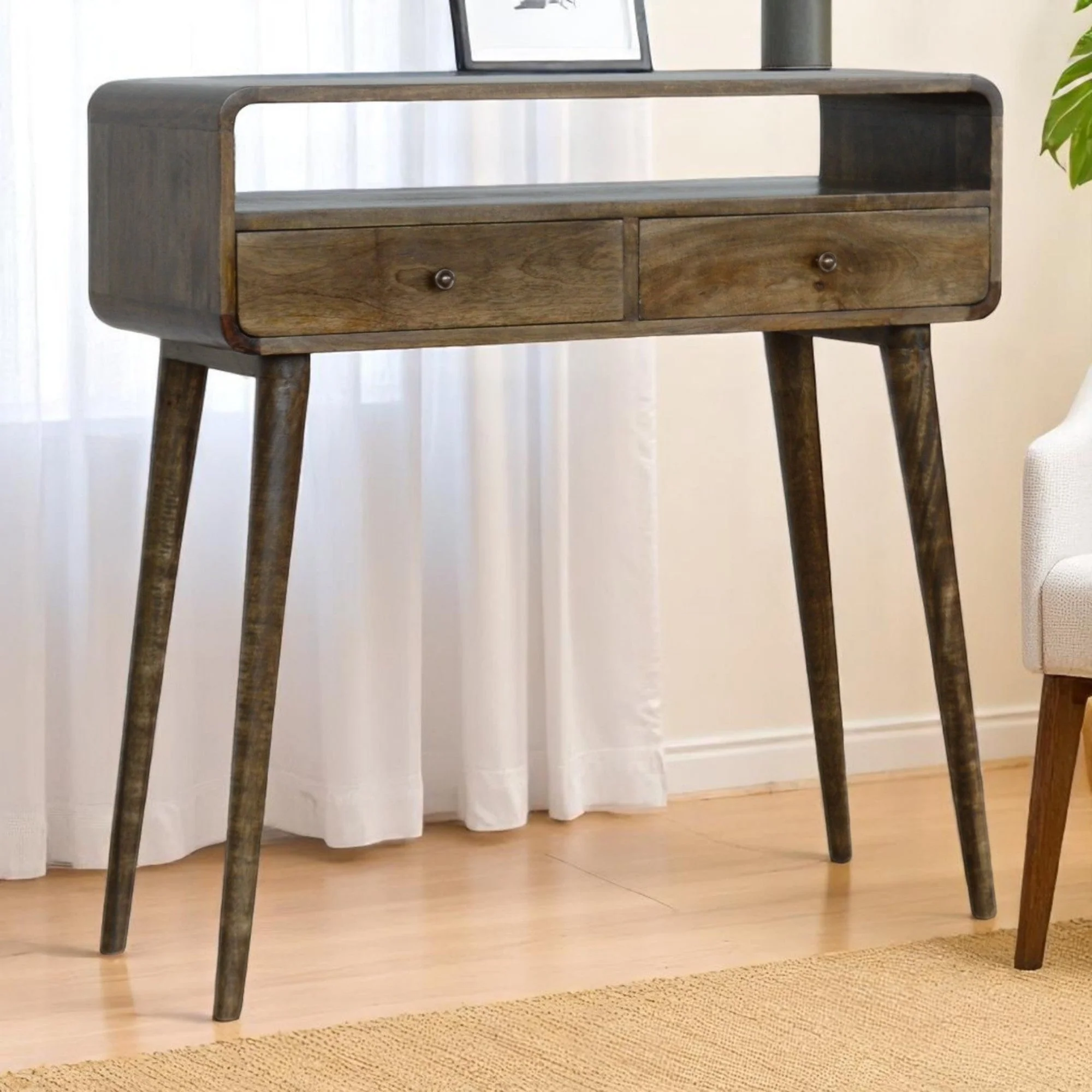 Solid Wood Console Table Curved 2 Drawers Open Slot, Brown