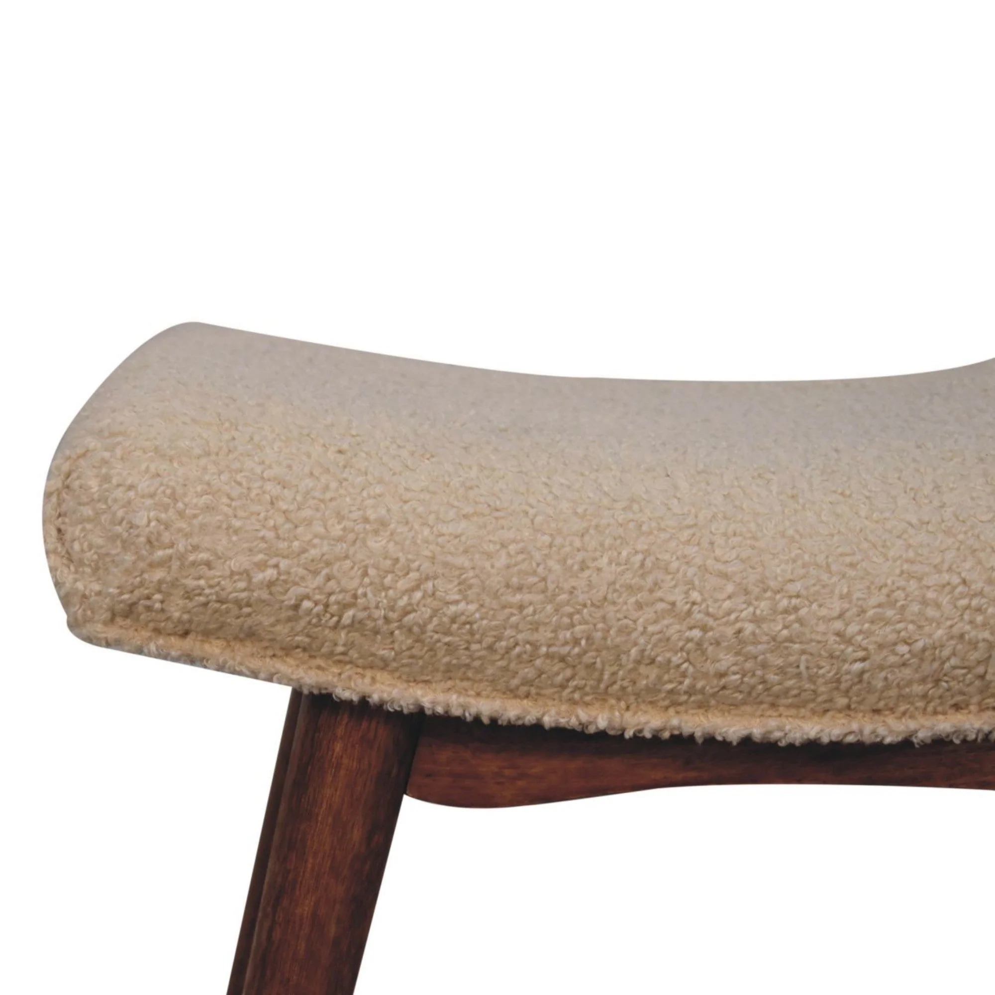 Solid Wood Curved Bench, Upholstered Honey Caramel Boucle Cream - Image 9