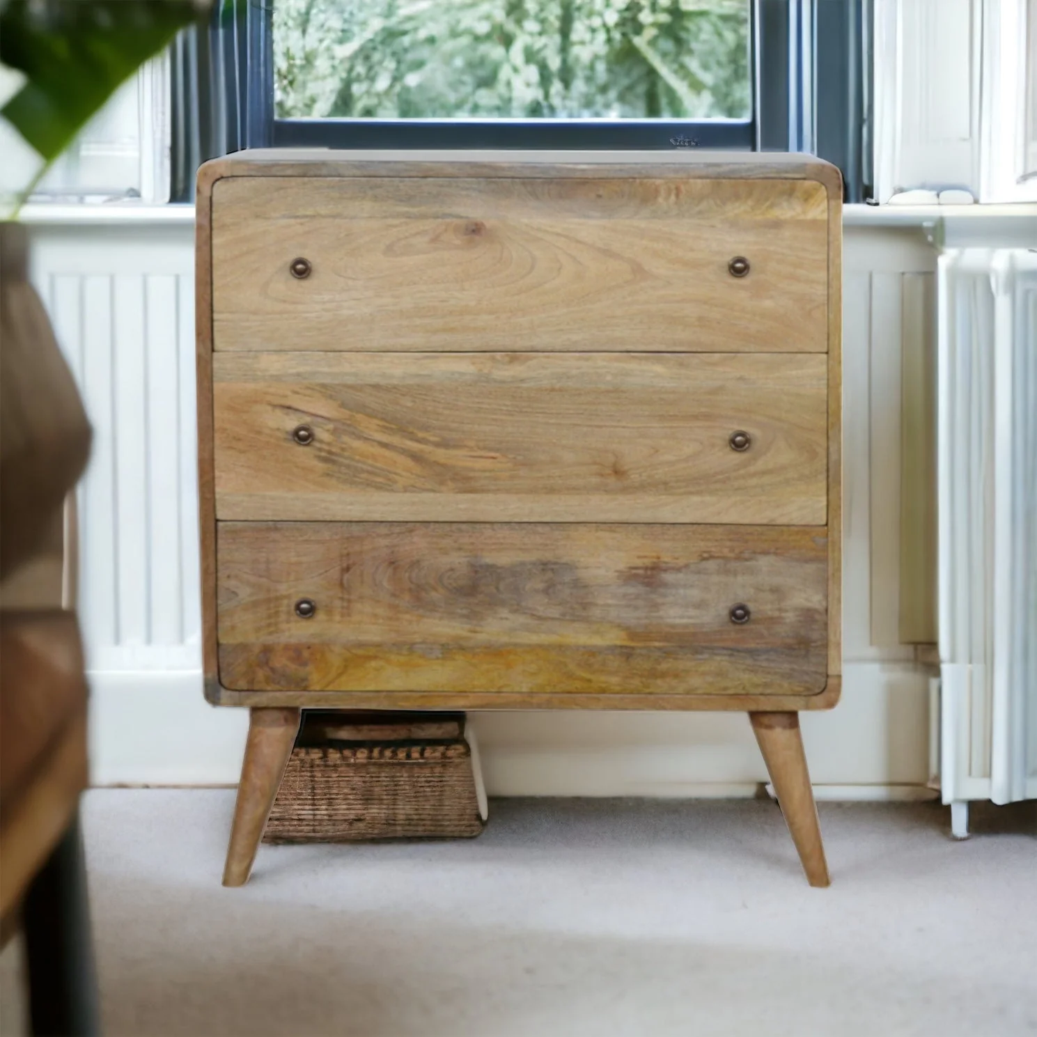 Solid Wood Curved Chest, 3 Drawers, Oak-ish Brown