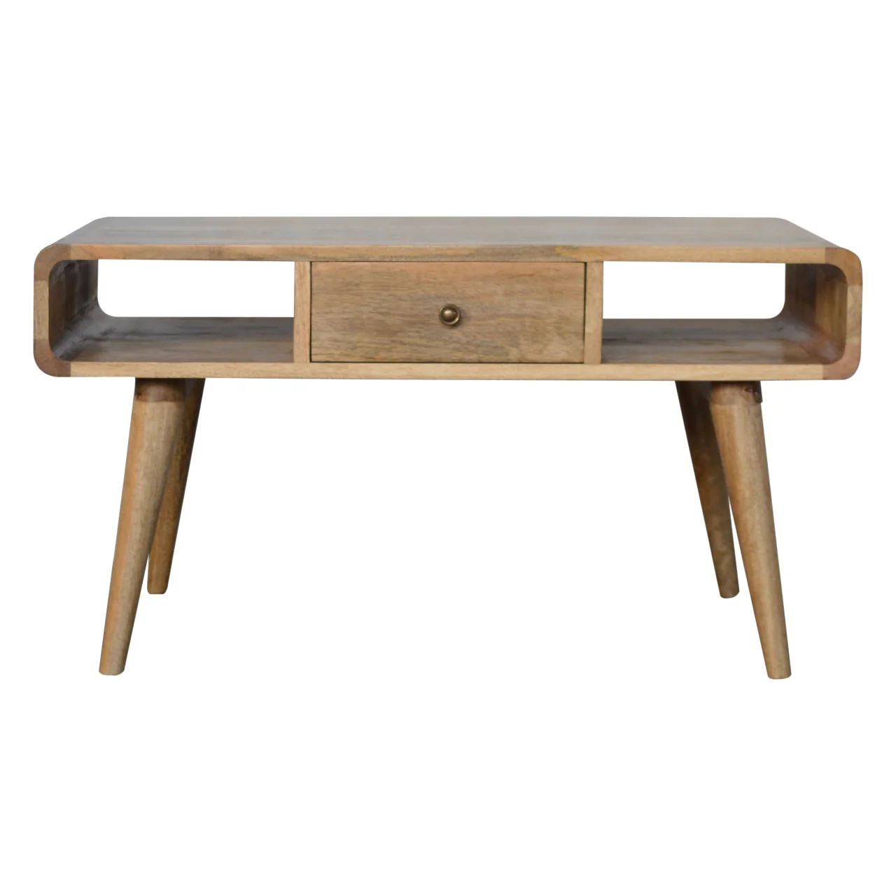 Solid Wood Curved Coffee Table, 2 Drawers and 2 Open Slots, Brown - Image 4