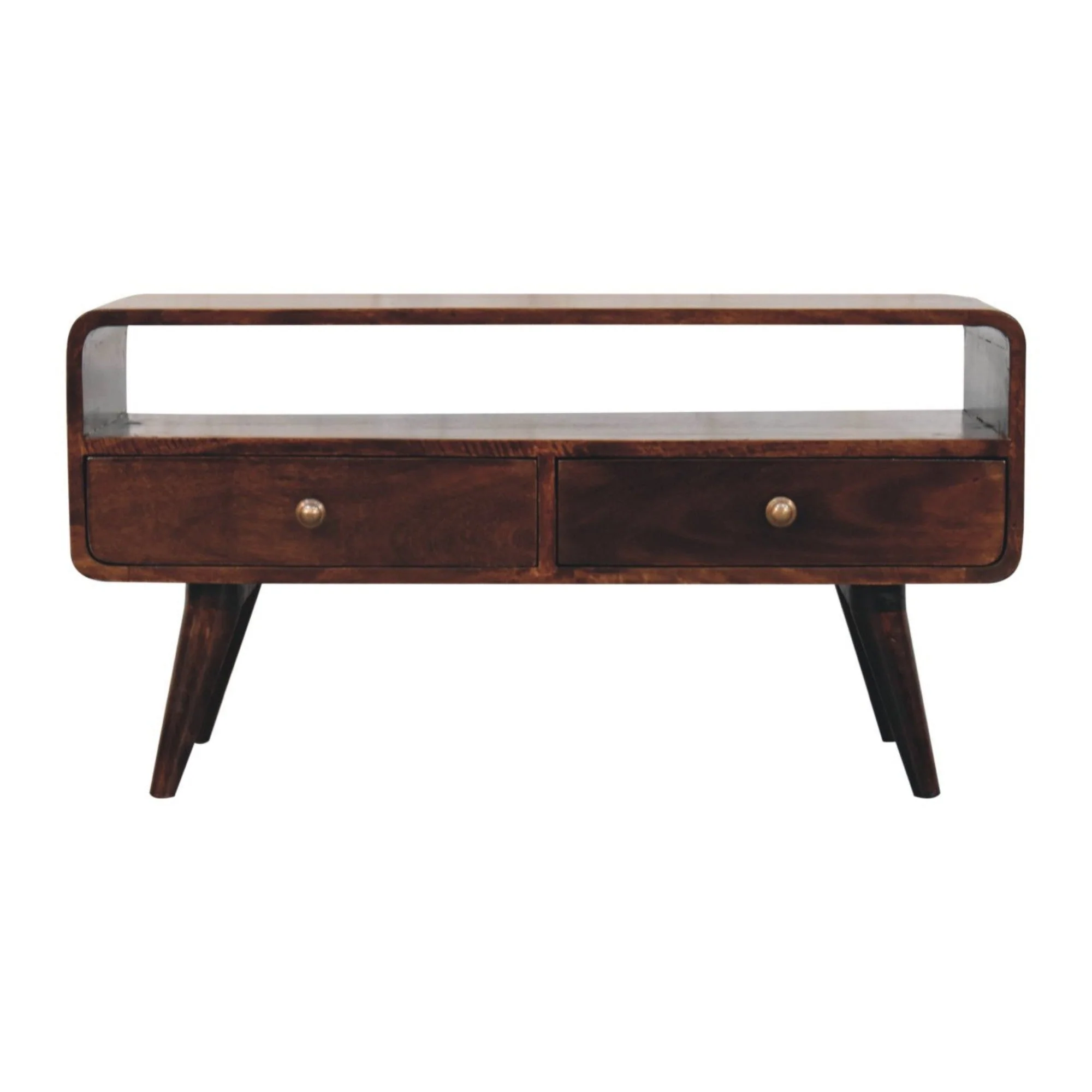 Solid Wood Curved Media Unit with 2 Drawers and 1 Open Slot, Dark Brown - Image 11