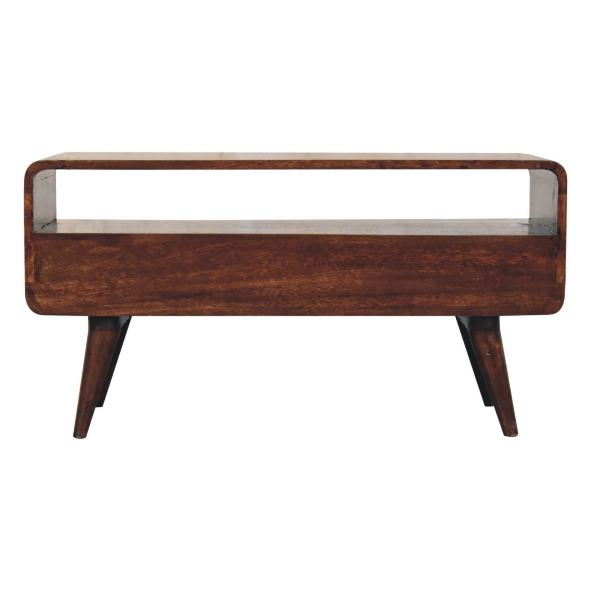 Solid Wood Curved Media Unit with 2 Drawers and 1 Open Slot, Dark Brown - Image 7