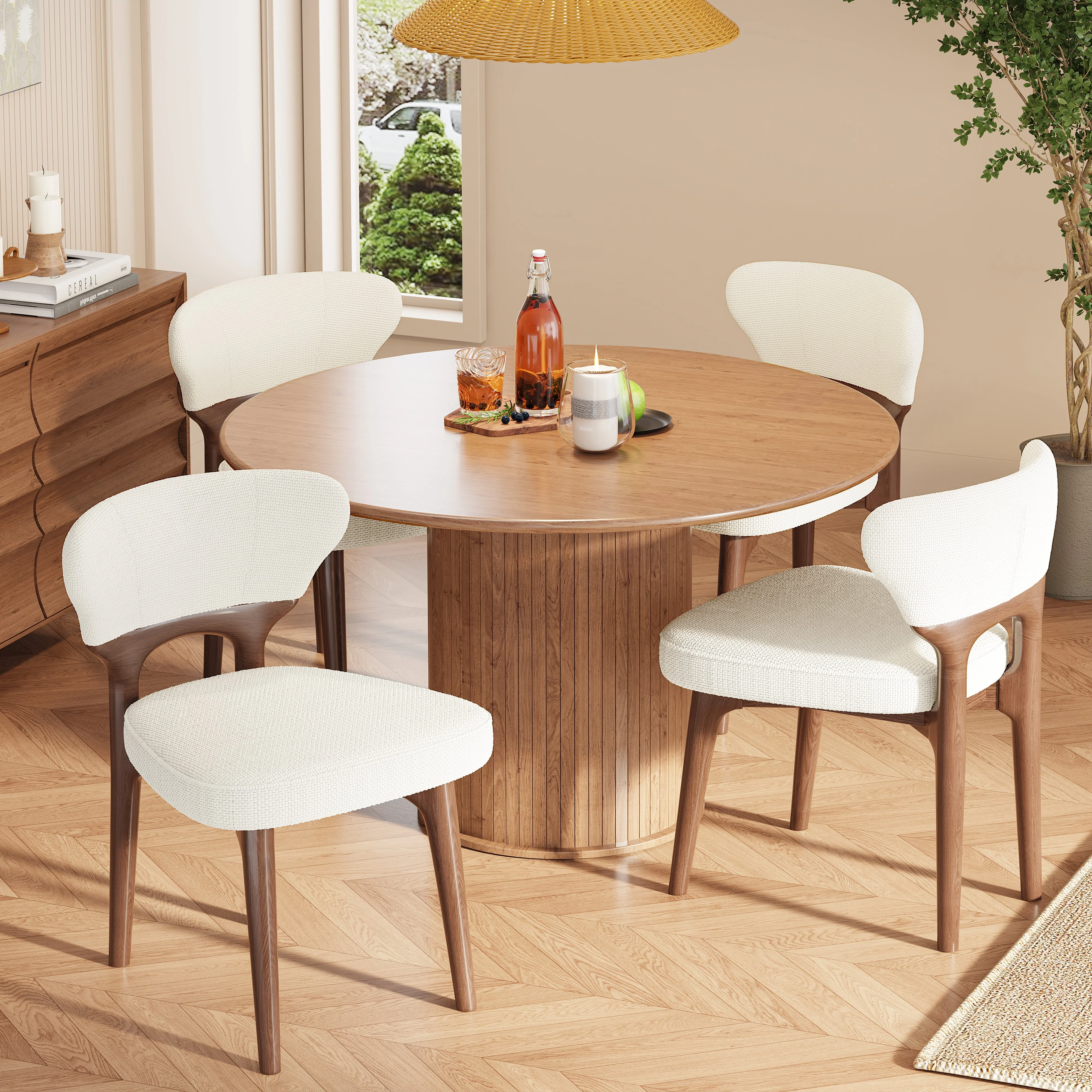 Solid Wood Dining Chairs, Set of 2, Modern Comfortable and Breathable, Light Beige Chenille - Image 2