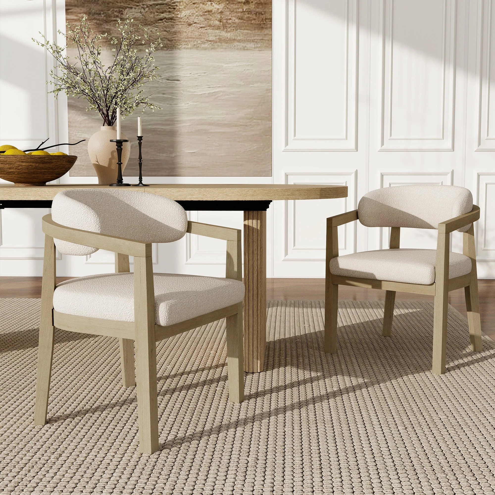 Solid Wood Dining Chairs Set of 2 Modern Style Bouclé Natural Color - Image 2