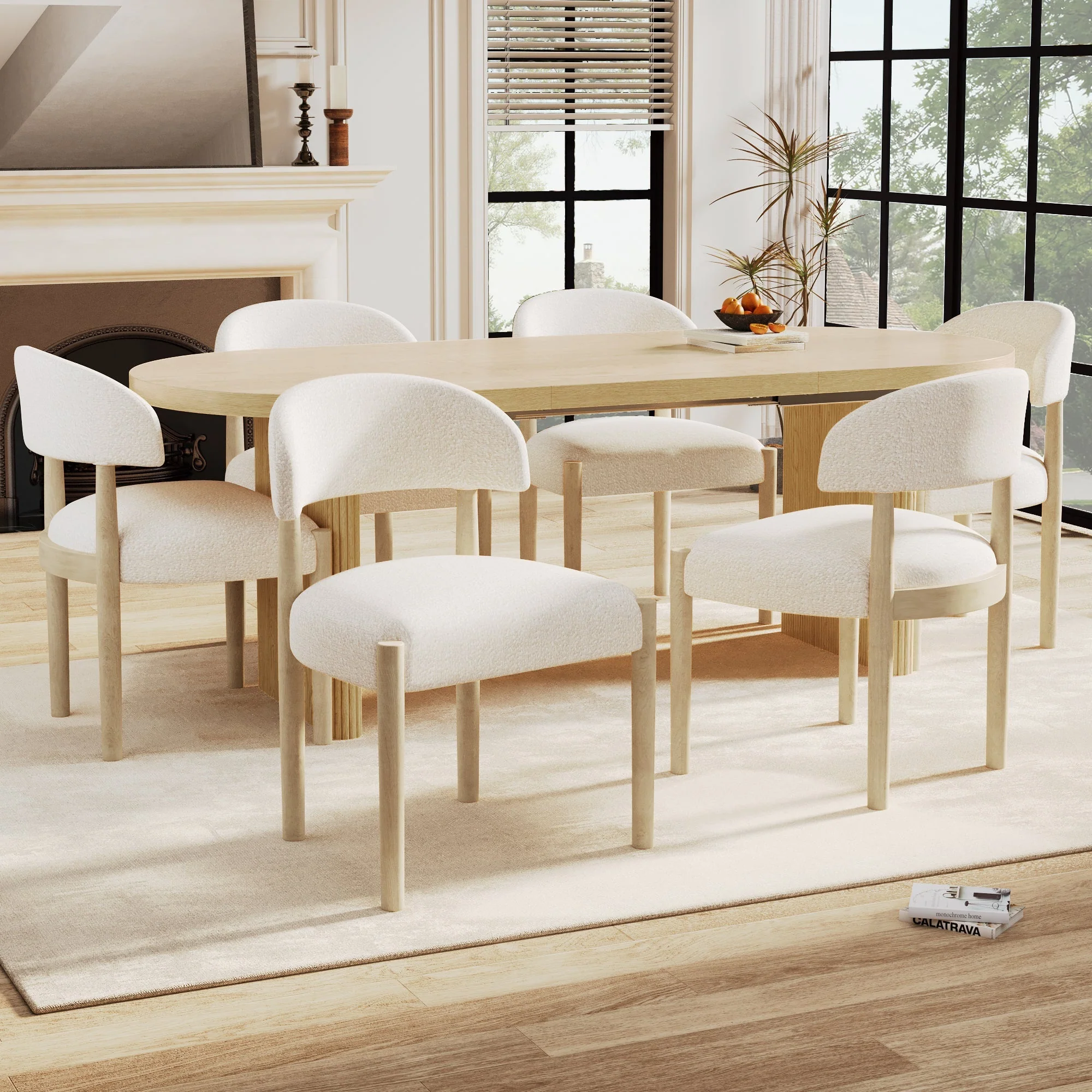 Solid Wood Dining Chairs Set of 4, Comfortable and Breathable, Natural Bouclé - Image 4