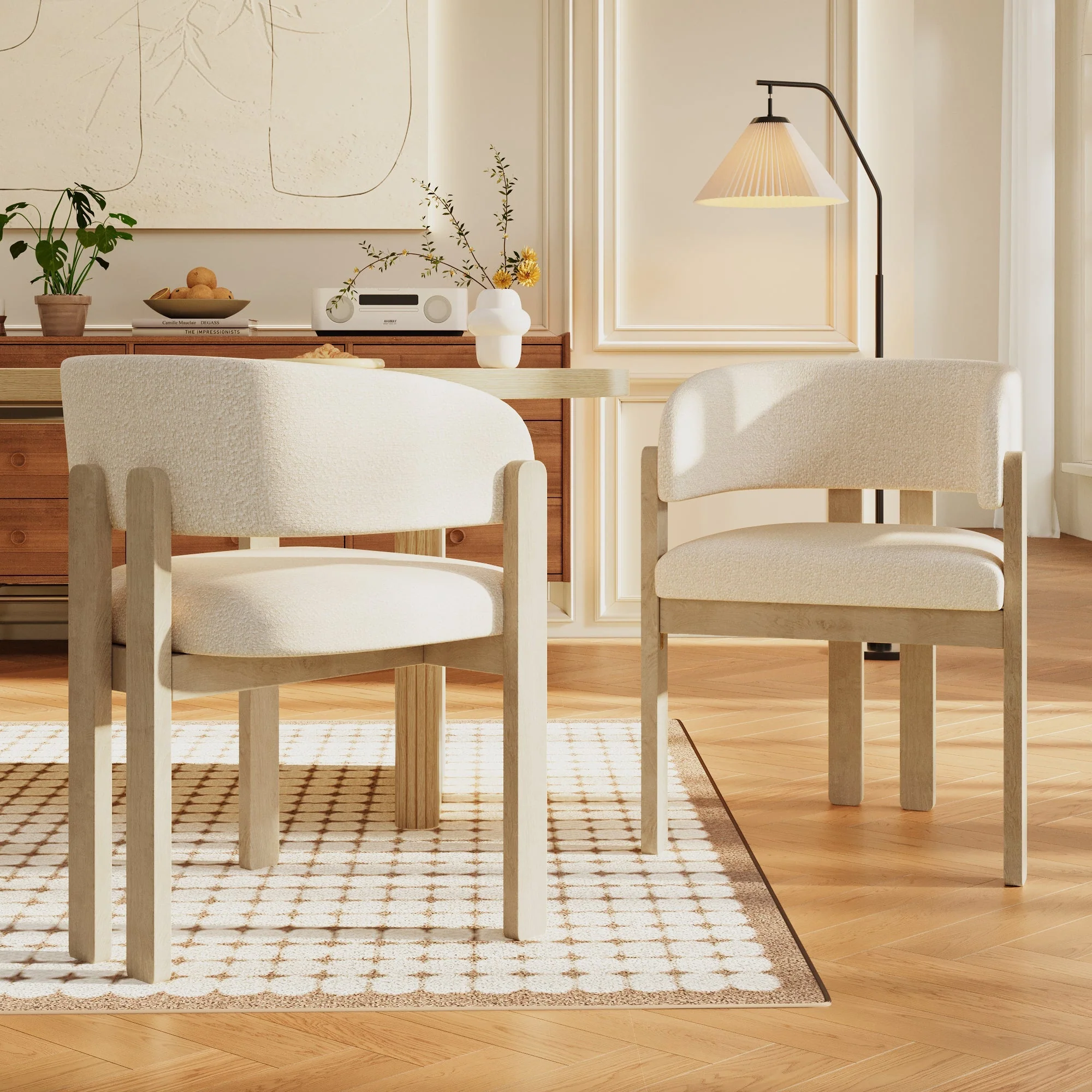 Solid Wood Dining Chairs, Set of 4 Modern Breathable Seats, Natural Bouclé - Image 2