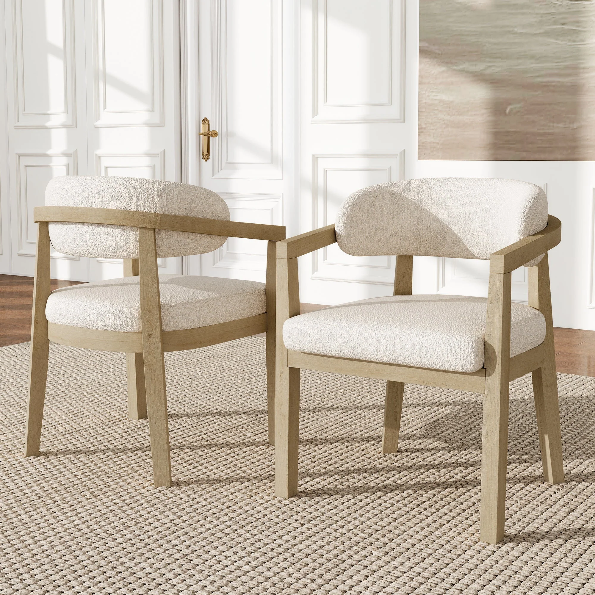 Solid Wood Dining Chairs Set of 4, Modern Comfortable Bouclé Seat, Natural Wood Finish - Image 2