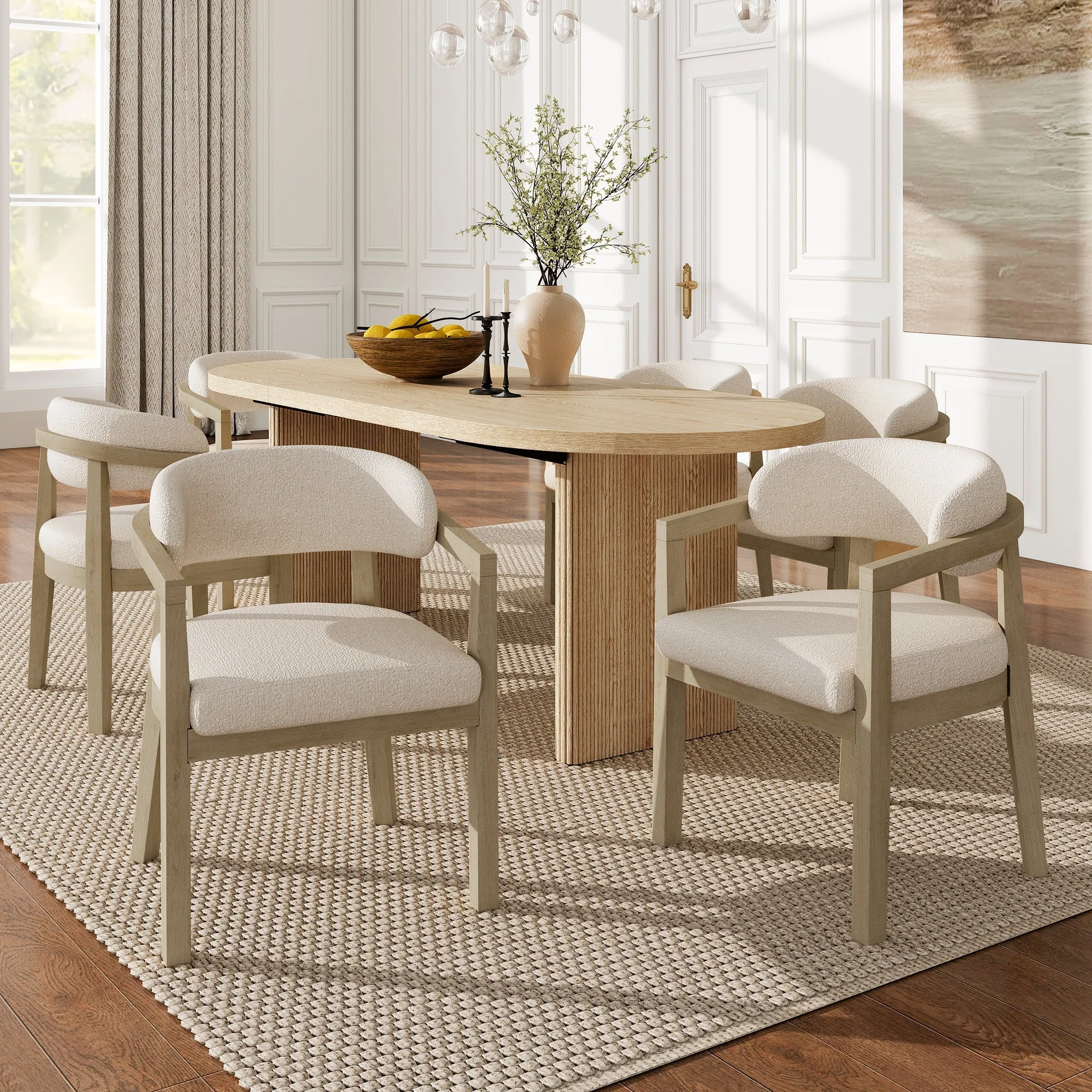 Solid Wood Dining Chairs Set of 6, Modern Style for Living Room and Cafe, Natural Bouclé