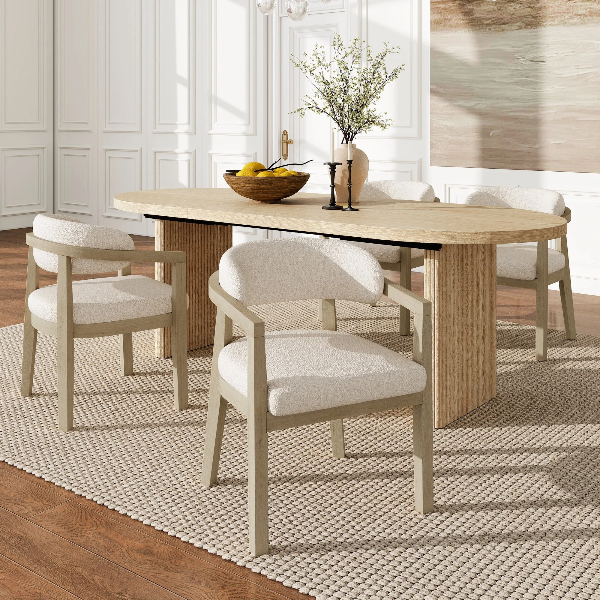 Solid Wood Dining Chairs Set of 6, Modern Style for Living Room and Cafe, Natural Bouclé - Image 4