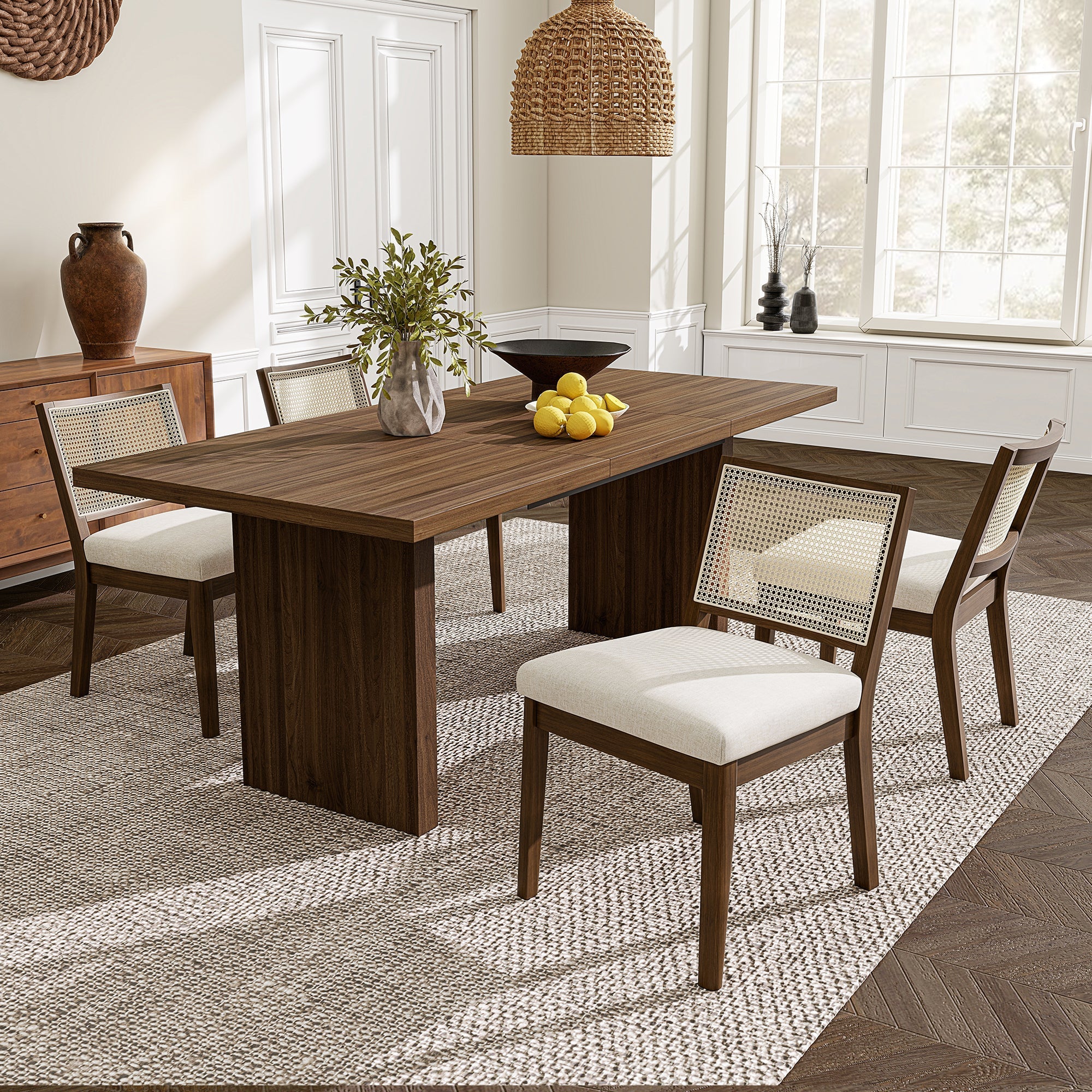 Solid Wood Dining Chairs with Rattan Backrests, Set of 6, Walnut and Linen - Image 3