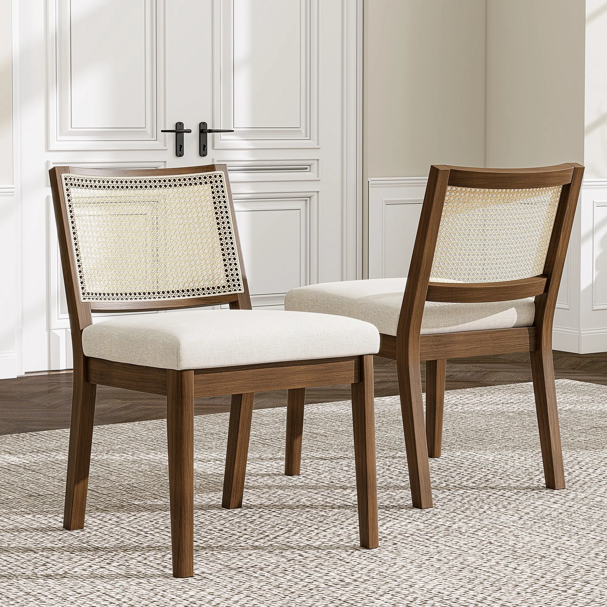 Solid Wood Dining Chairs with Rattan Backrests, Set of 6, Walnut and Linen - Image 6