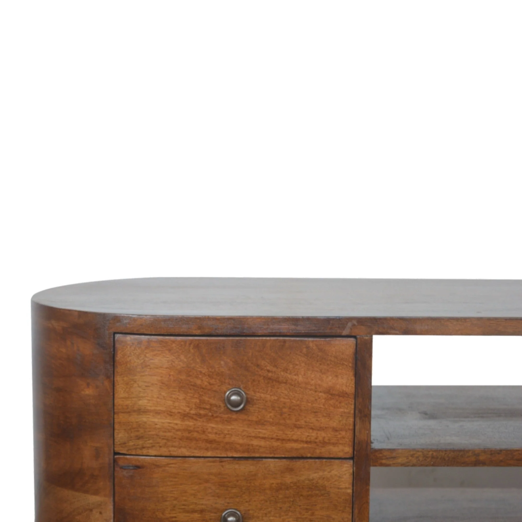 Solid Wood Entertainment Unit, Rounded 4 Drawers 2 Open Slots, Dark Brown Chestnut - Image 2