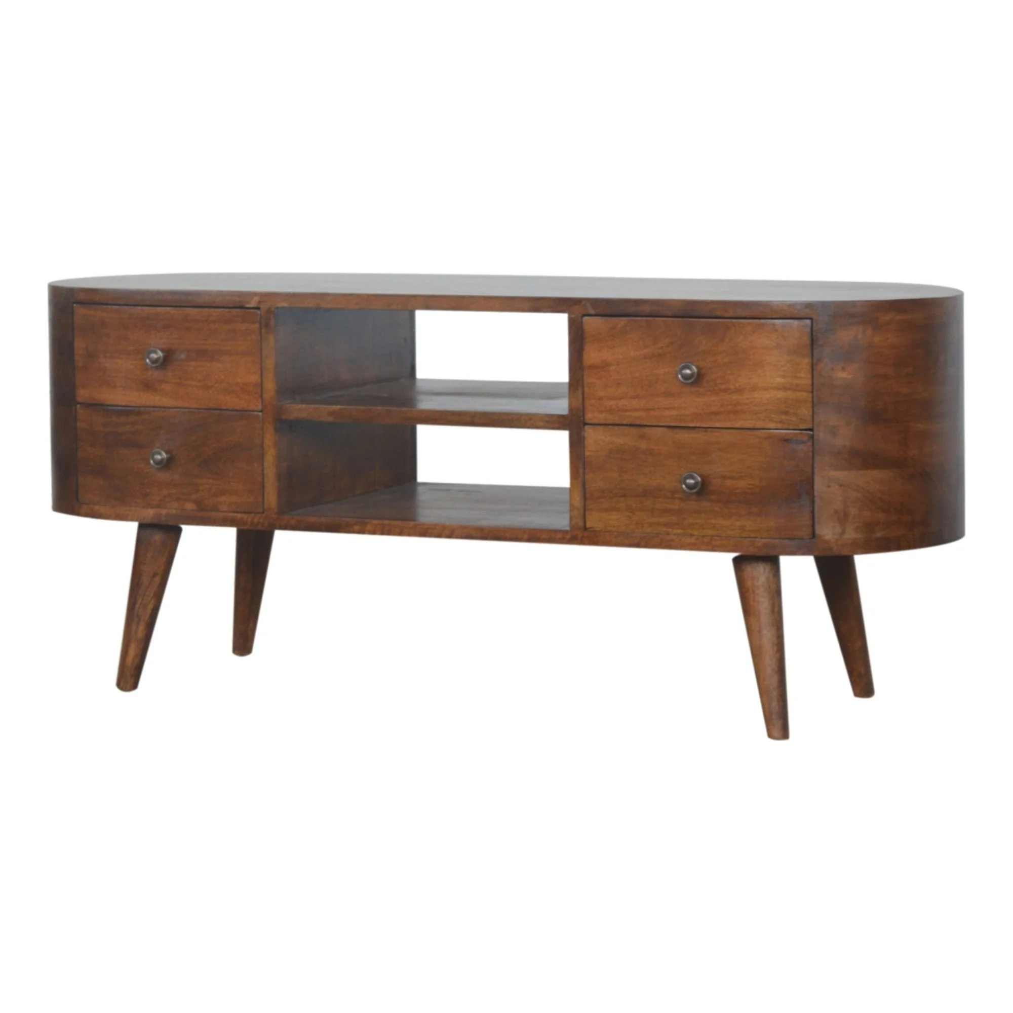 Solid Wood Entertainment Unit, Rounded 4 Drawers 2 Open Slots, Dark Brown Chestnut - Image 5