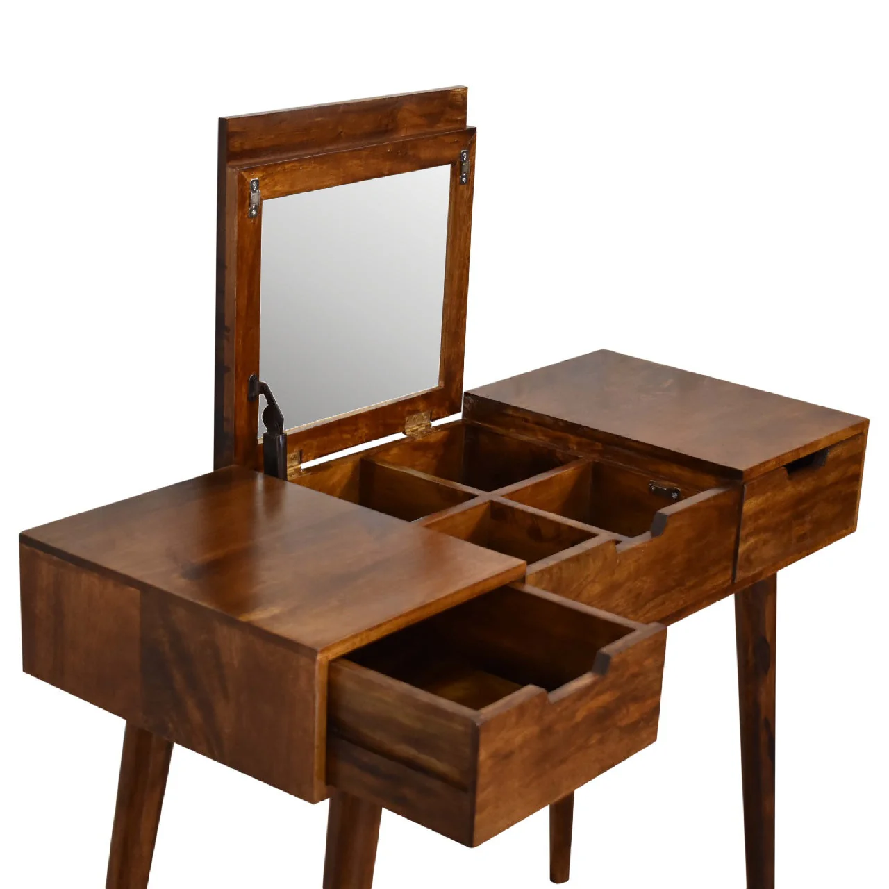 Solid Wood Foldable Mirror Table with 2 Drawers & 4 Storage, Dark Brown - Image 5