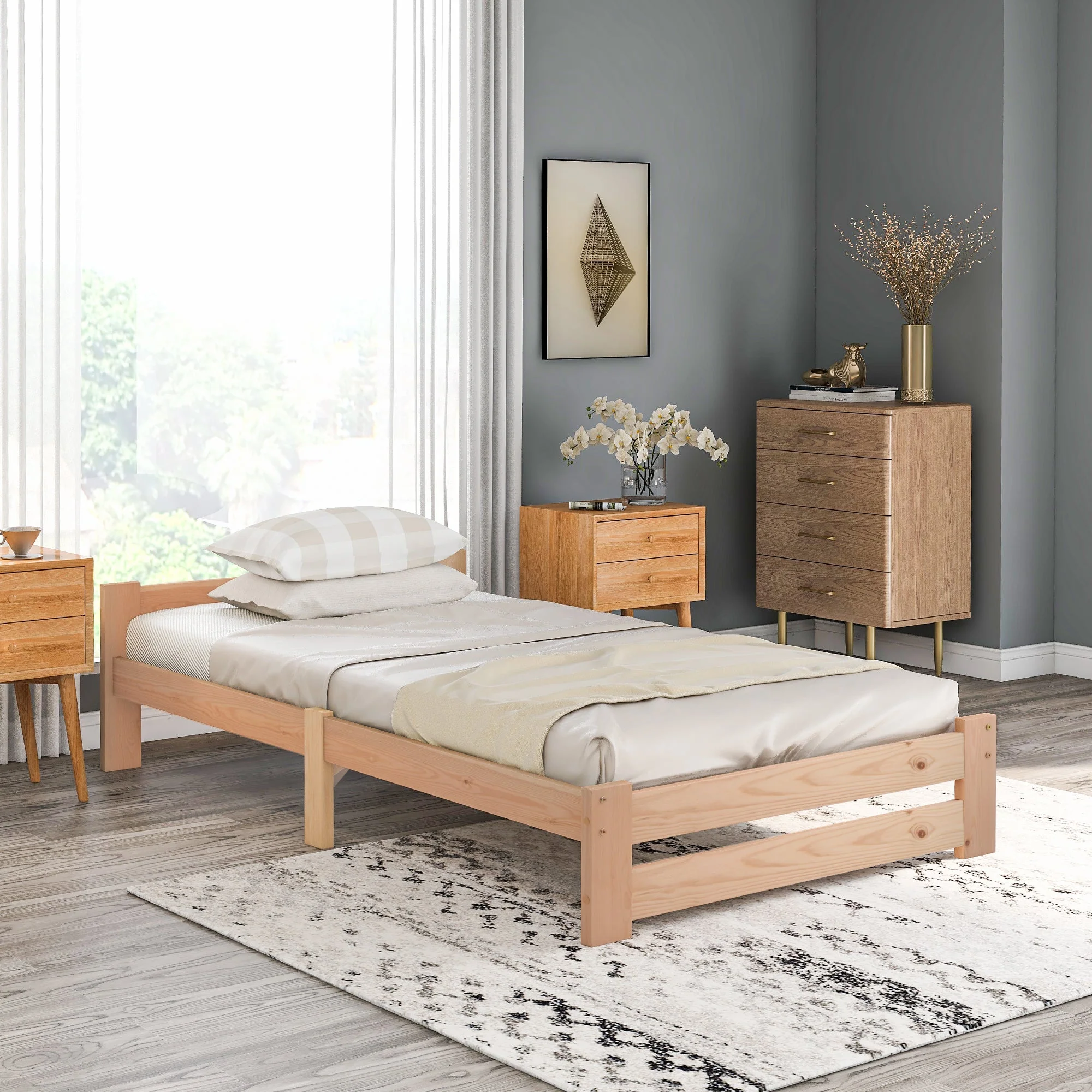 Solid Wood Futon Bed with Headboard and Slatted Base, Natural (200x90cm) - Image 2