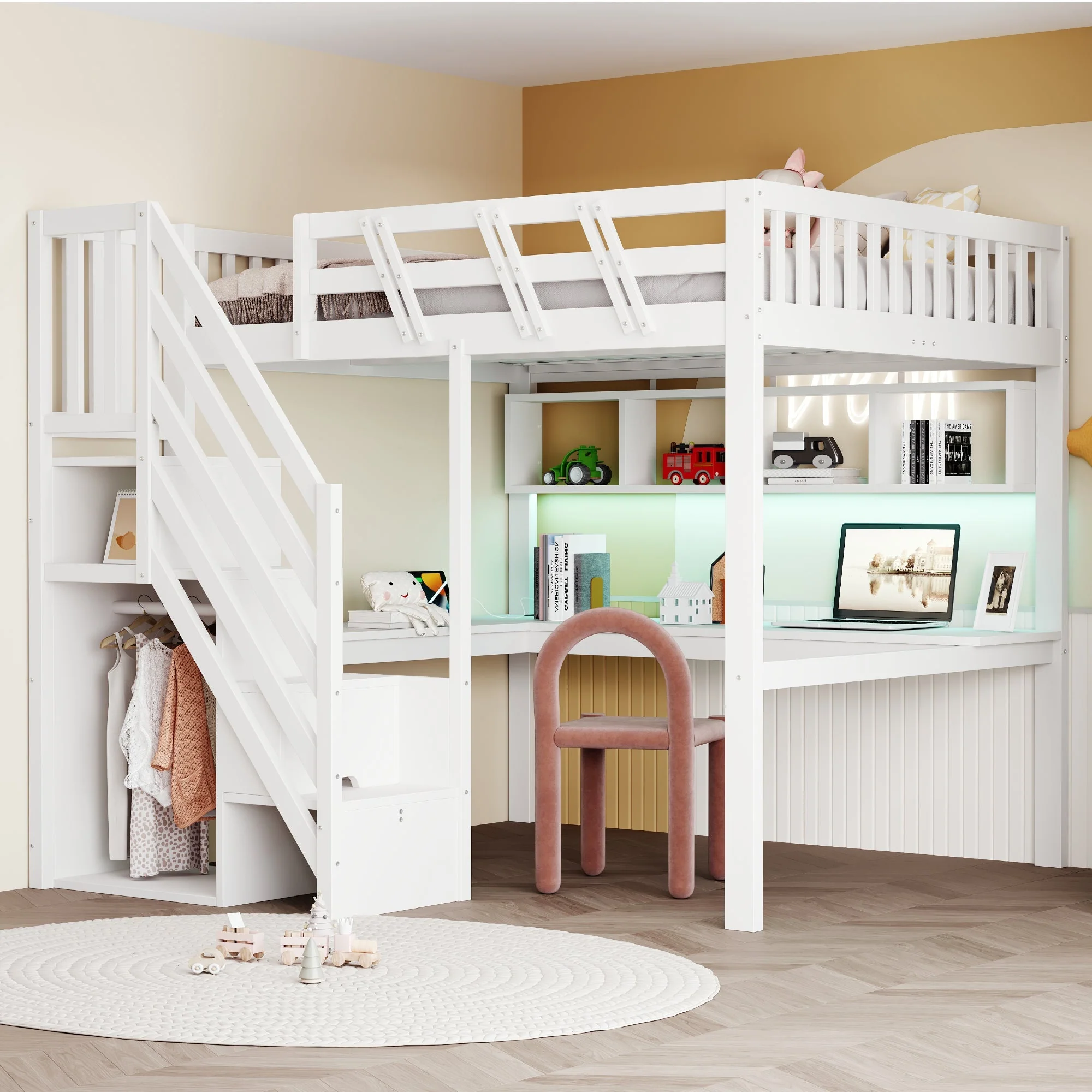 Solid Wood Loft Bed 140x200 with Desk, Storage Stairs, USB and LED, White