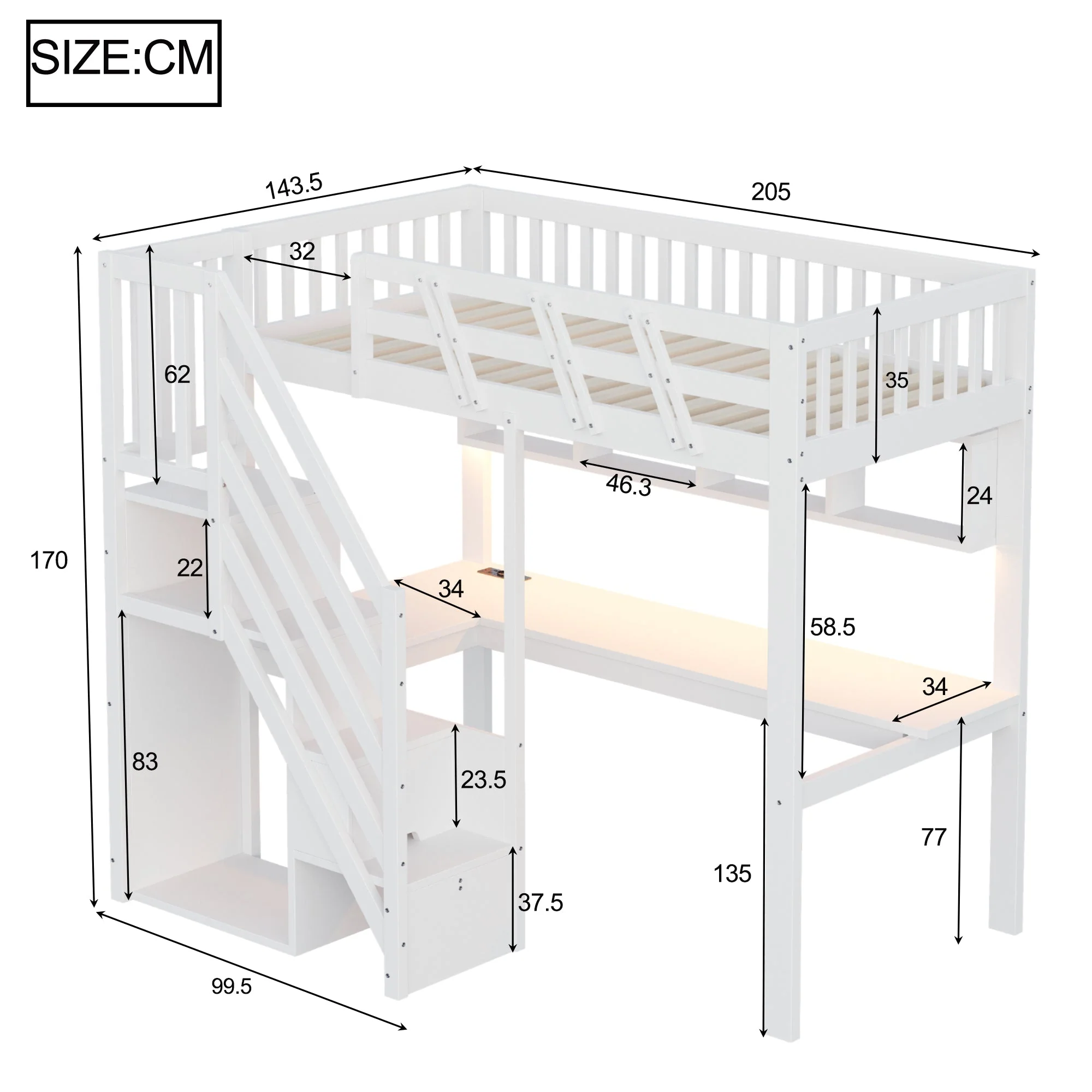 Solid Wood Loft Bed 90x200cm with Stairs Storage Cabinet Desk USB LED - White - Image 7