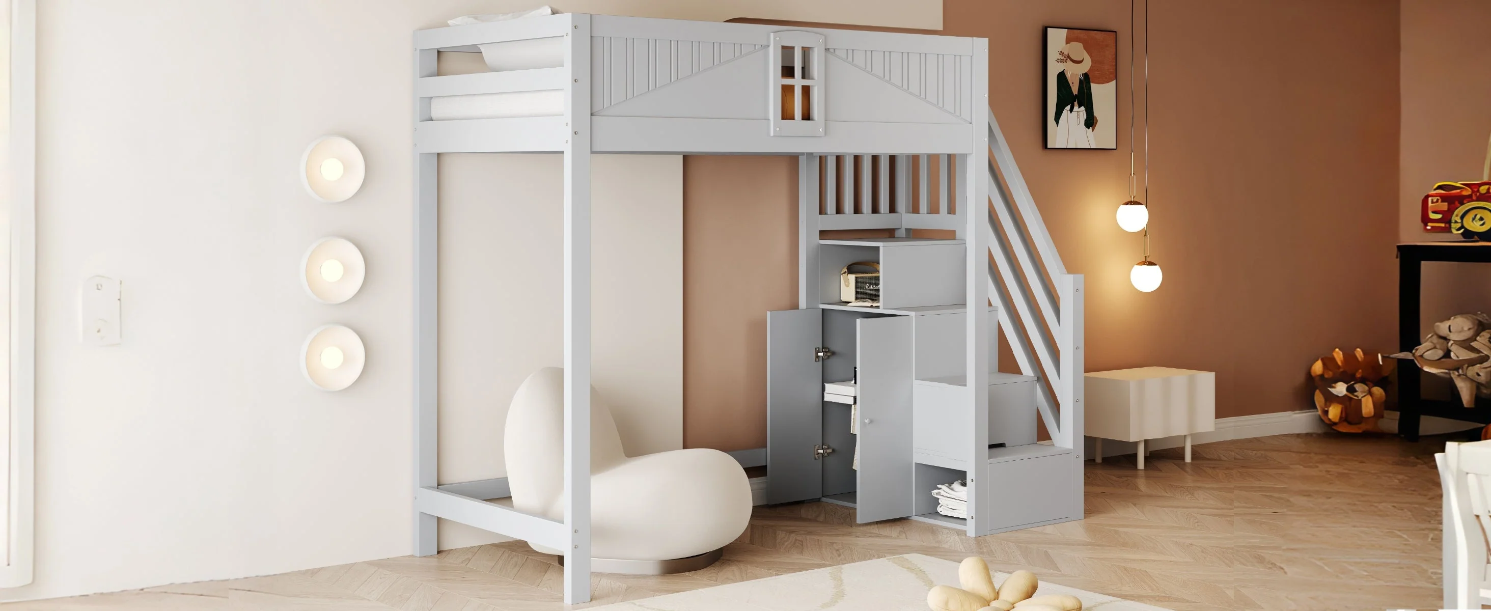 Solid Wood Loft Bed with Safety Door and Storage Ladder, 90 x 200 cm, Grey - Image 8
