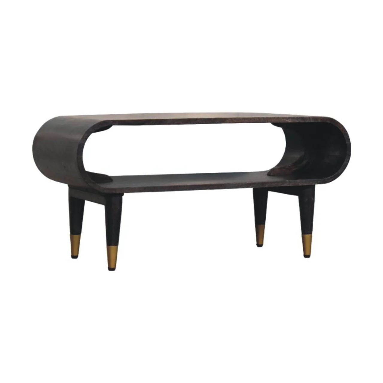 Solid Wood Media Console with Curved Edge, Brass Accents, 1 Slot, Dark Brown