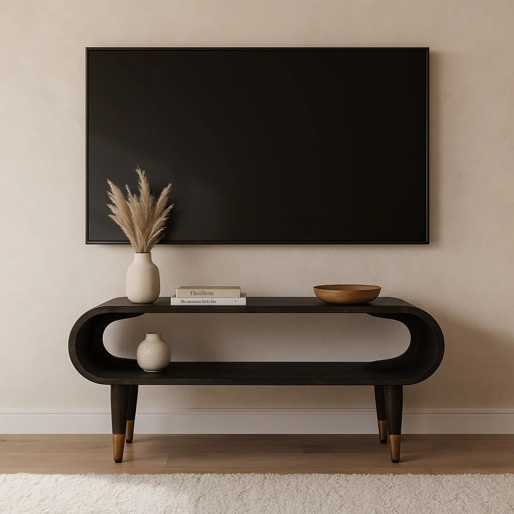 Solid Wood Media Console with Curved Edge, Brass Accents, 1 Slot, Dark Brown - Image 2