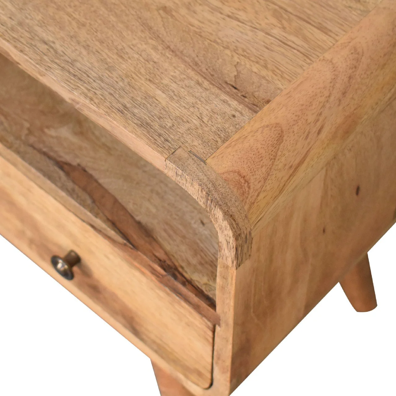 Solid Wood Media Unit, Mini Curved with 2 Drawers and Open Slot, Brown Oak-ish - Image 2