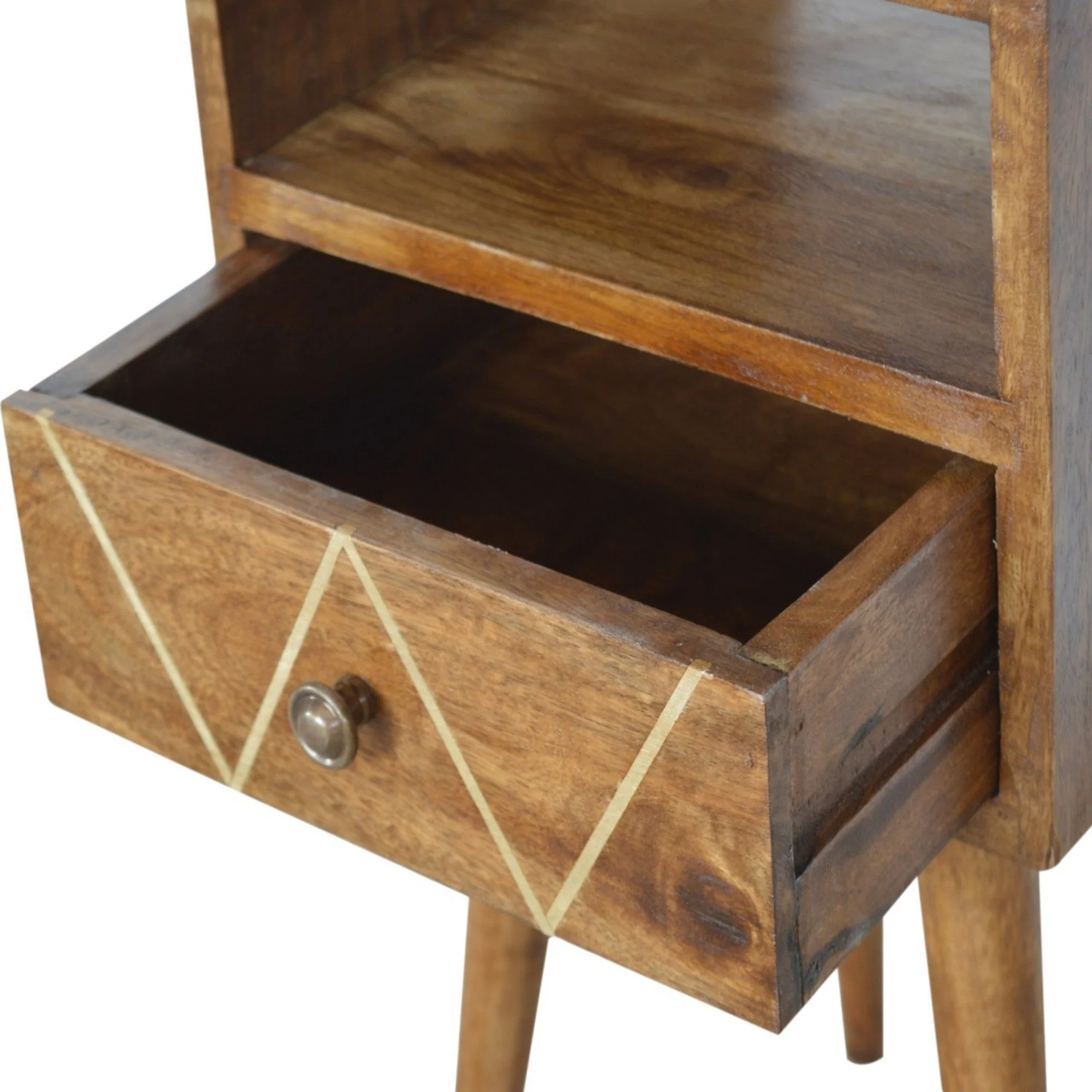 Solid Wood Mini Geo Bedside, 1 Drawer and Open Shelf, Dark Brown - Image 7
