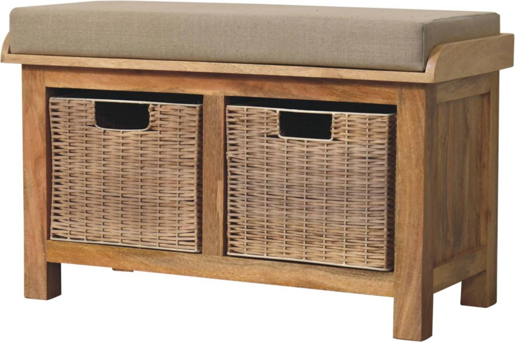 Solid Wood Rattan Basket Bench with 2 Pull-out Storage Baskets, Light Brown - Image 8