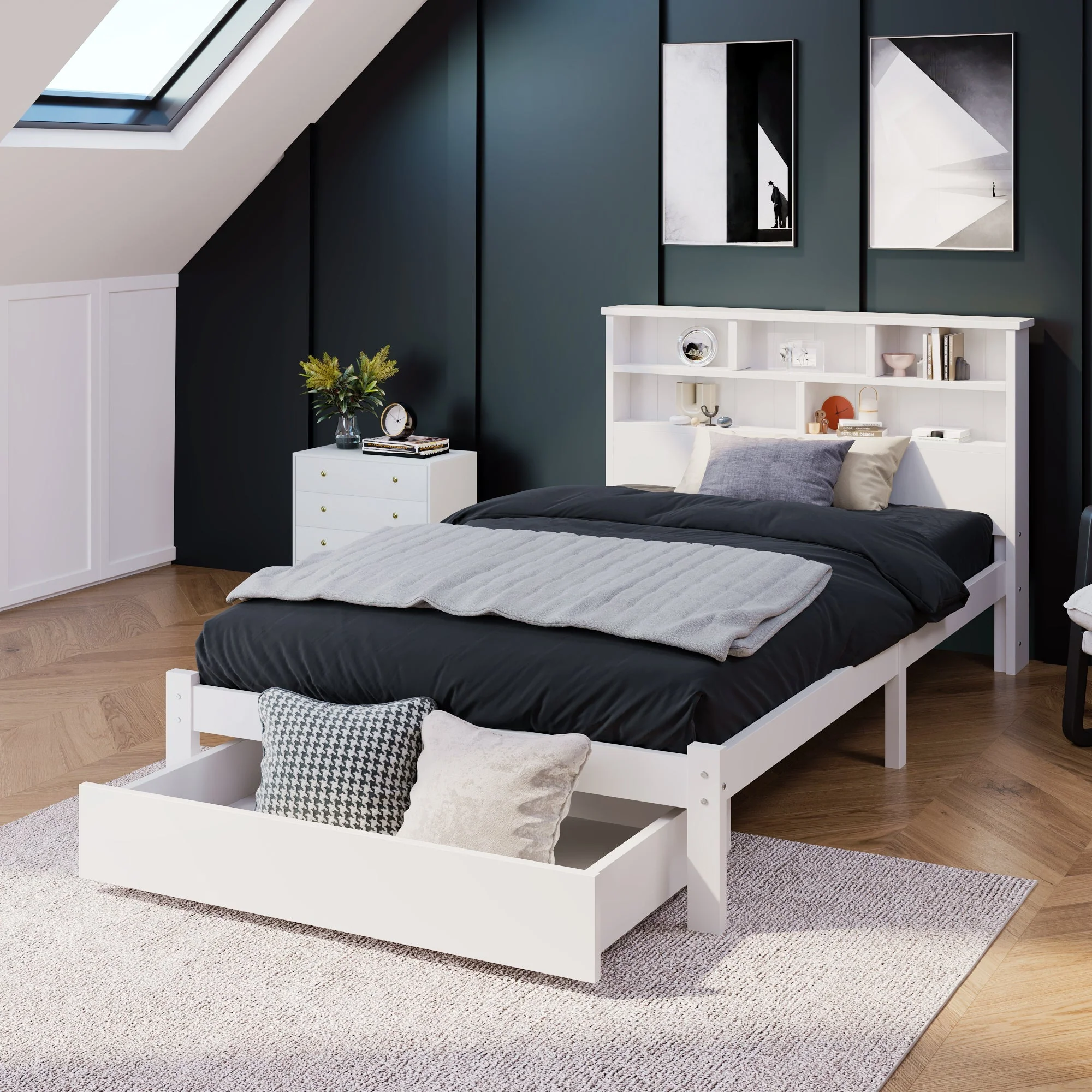 Solid Wood Single Bed with Drawers & Slatted Frame, Bookcase, White