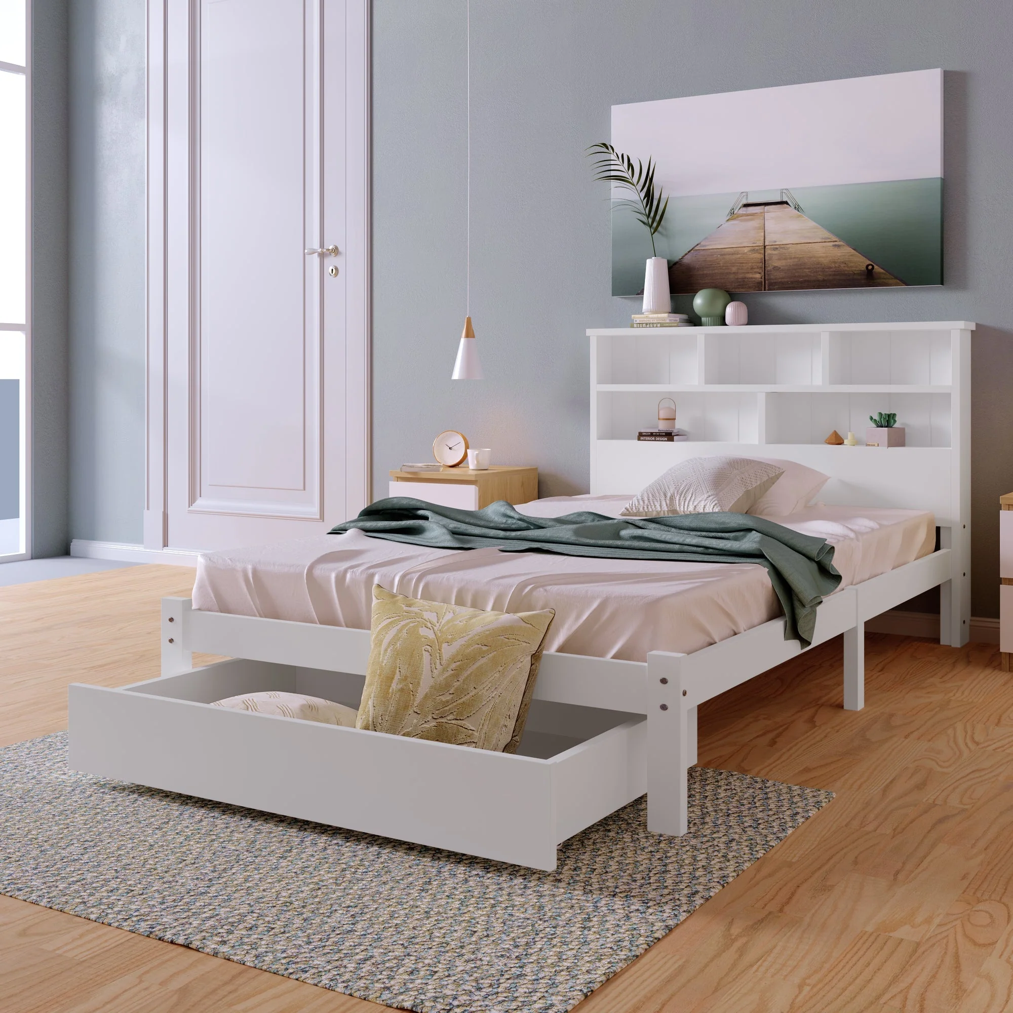 Solid Wood Single Bed with Drawers & Slatted Frame, Bookcase, White - Image 10