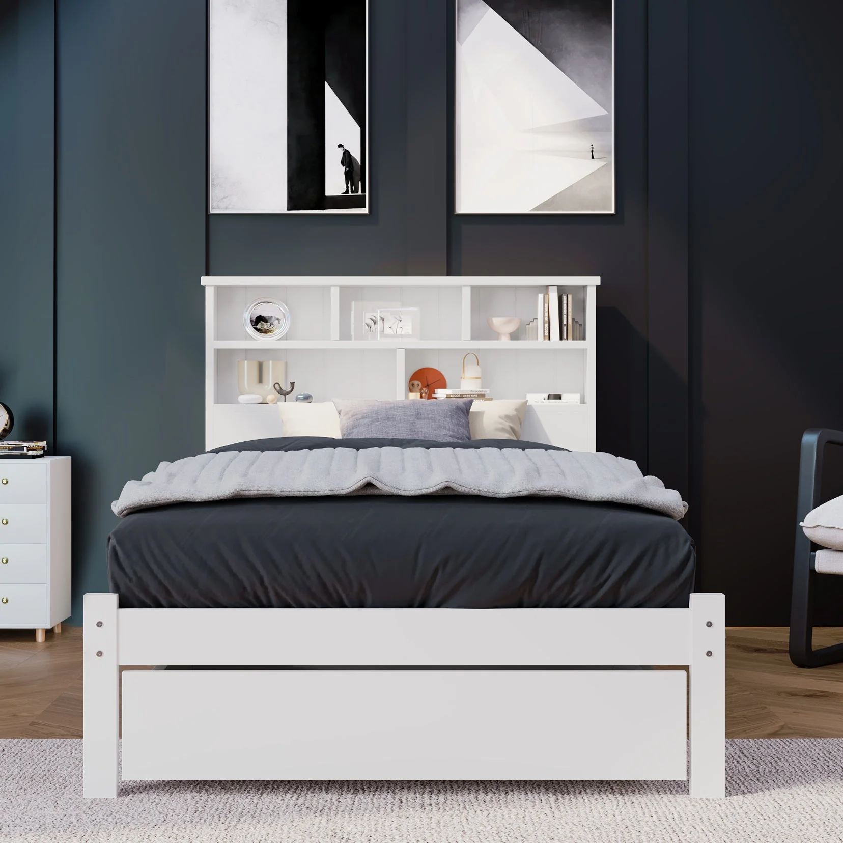 Solid Wood Single Bed with Drawers & Slatted Frame, Bookcase, White - Image 2