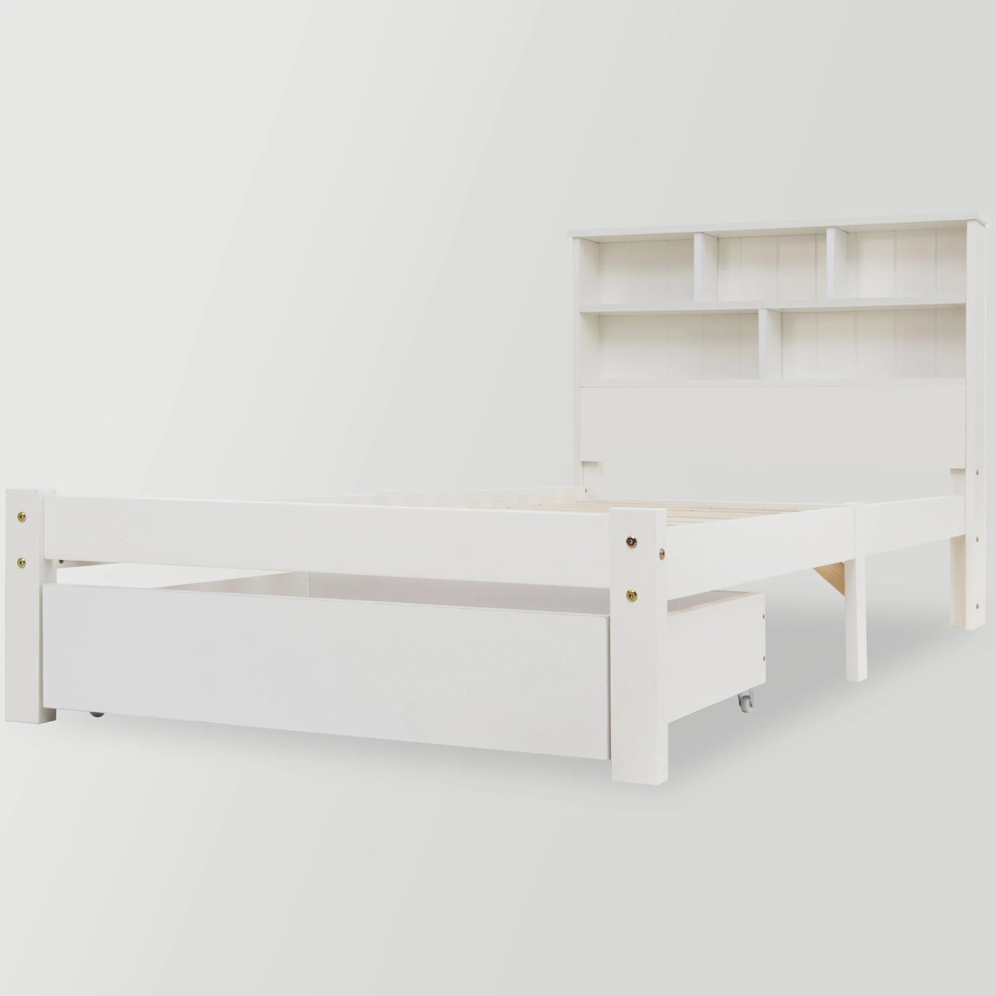 Solid Wood Single Bed with Drawers & Slatted Frame, Bookcase, White - Image 4