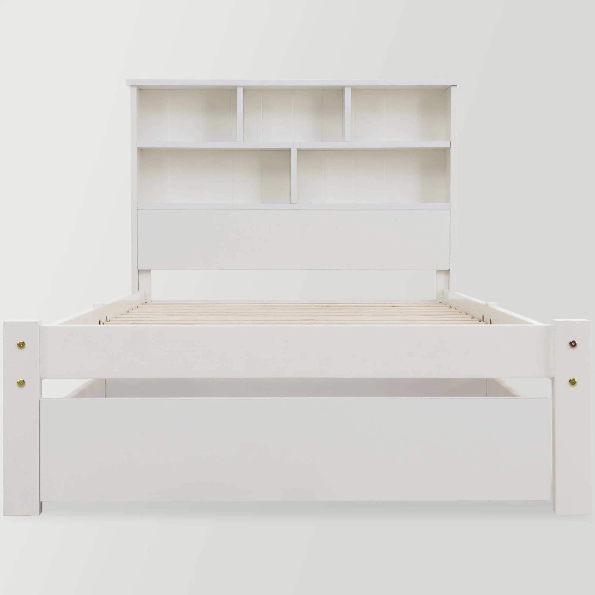 Solid Wood Single Bed with Drawers & Slatted Frame, Bookcase, White - Image 5