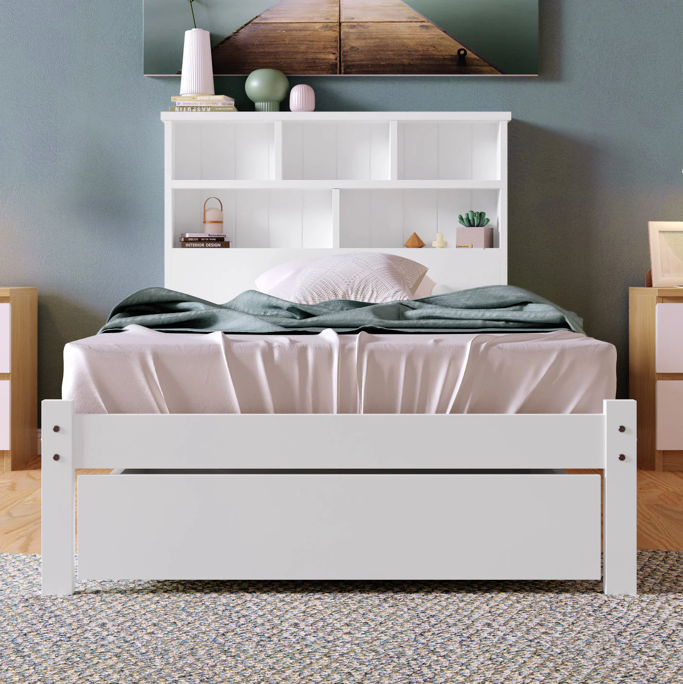 Solid Wood Single Bed with Drawers & Slatted Frame, Bookcase, White - Image 6