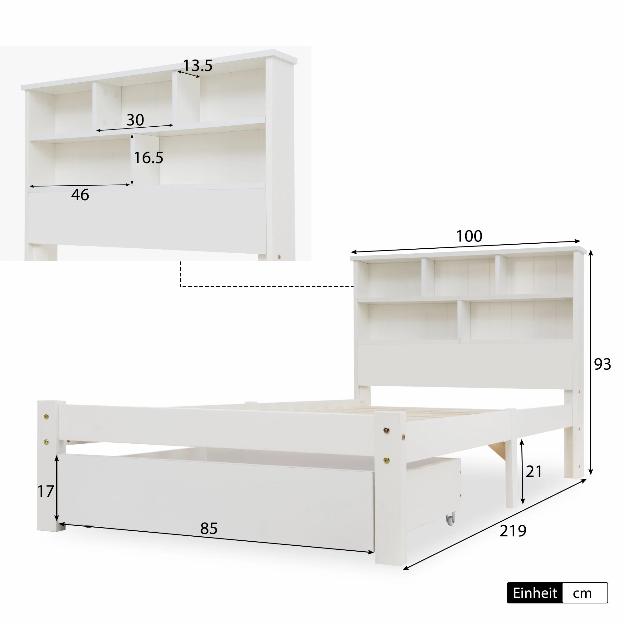 Solid Wood Single Bed with Drawers & Slatted Frame, Bookcase, White - Image 7