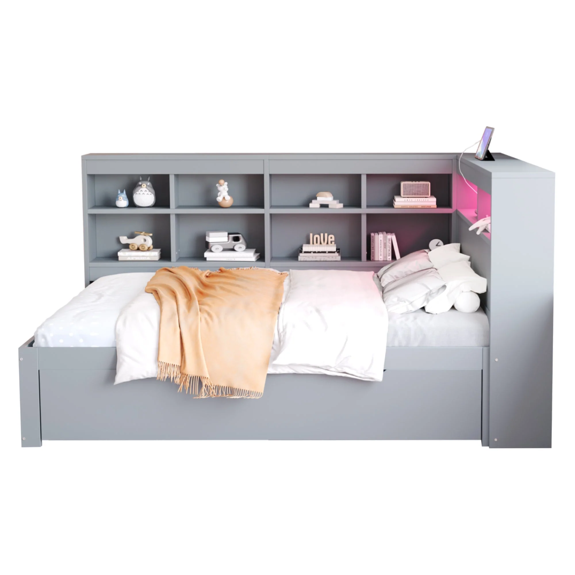 Solid Wood Sofa 140x200cm, Extra Large Drawers, USB, LED, Grey - Image 10