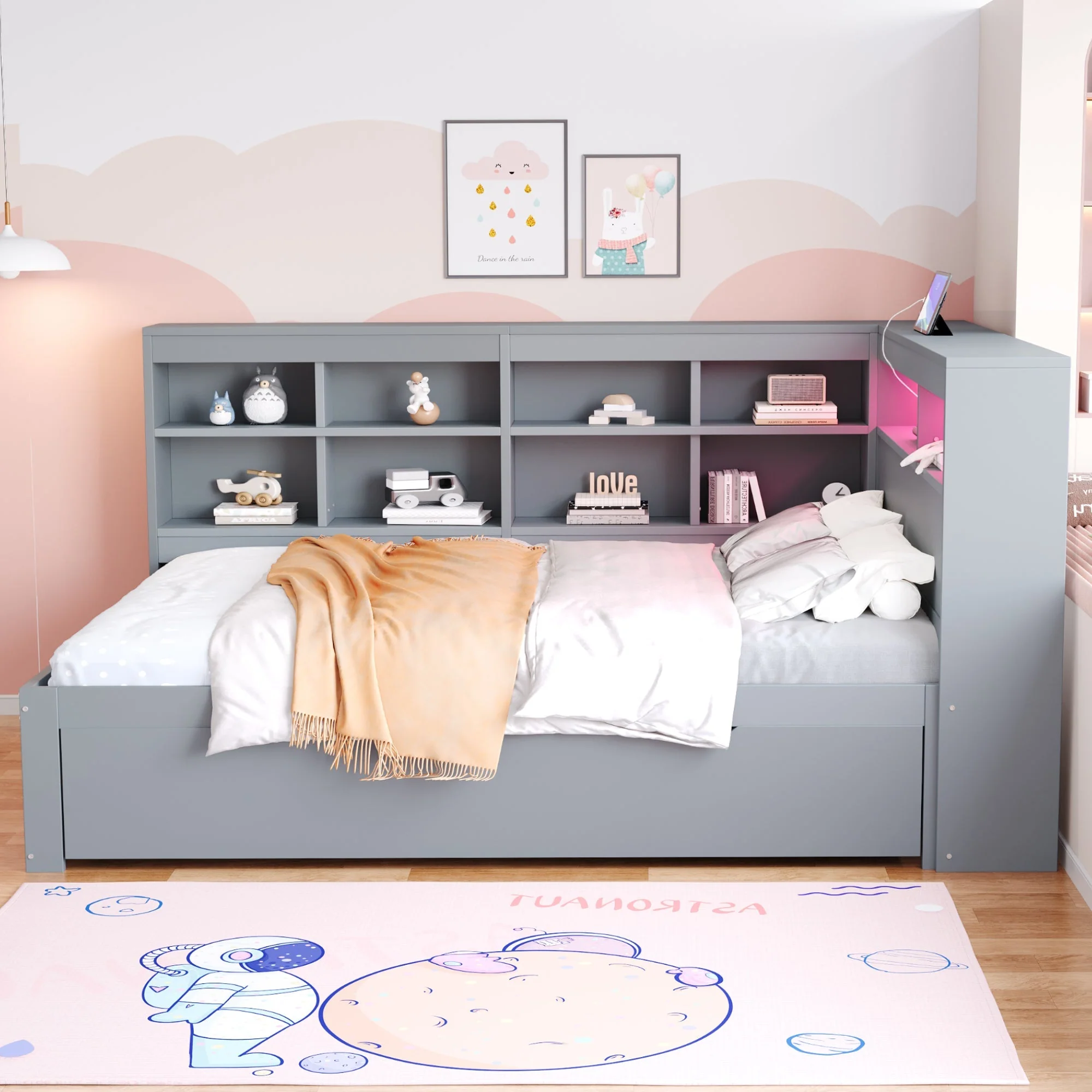 Solid Wood Sofa 140x200cm, Extra Large Drawers, USB, LED, Grey - Image 2