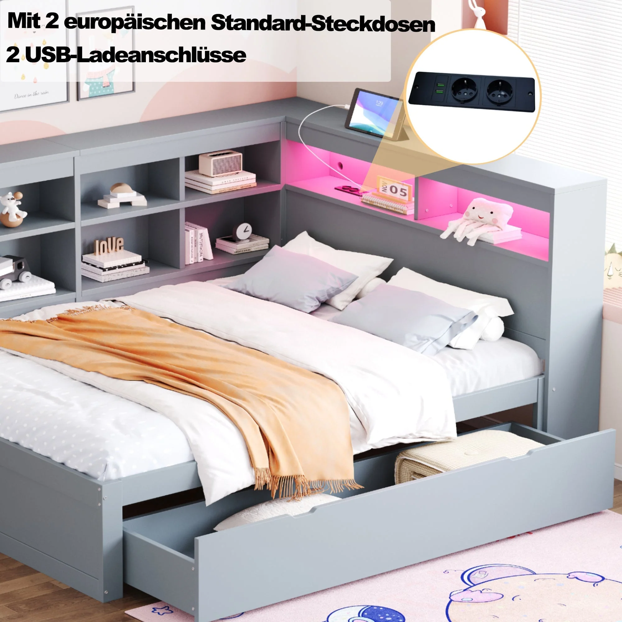 Solid Wood Sofa 140x200cm, Extra Large Drawers, USB, LED, Grey - Image 3