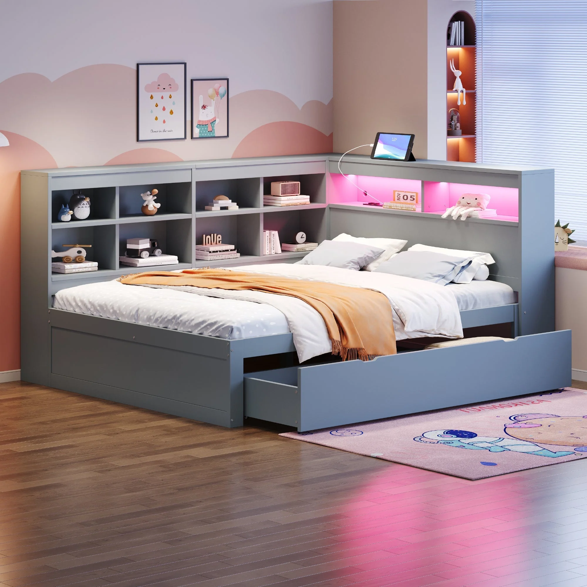 Solid Wood Sofa 140x200cm, Extra Large Drawers, USB, LED, Grey - Image 5