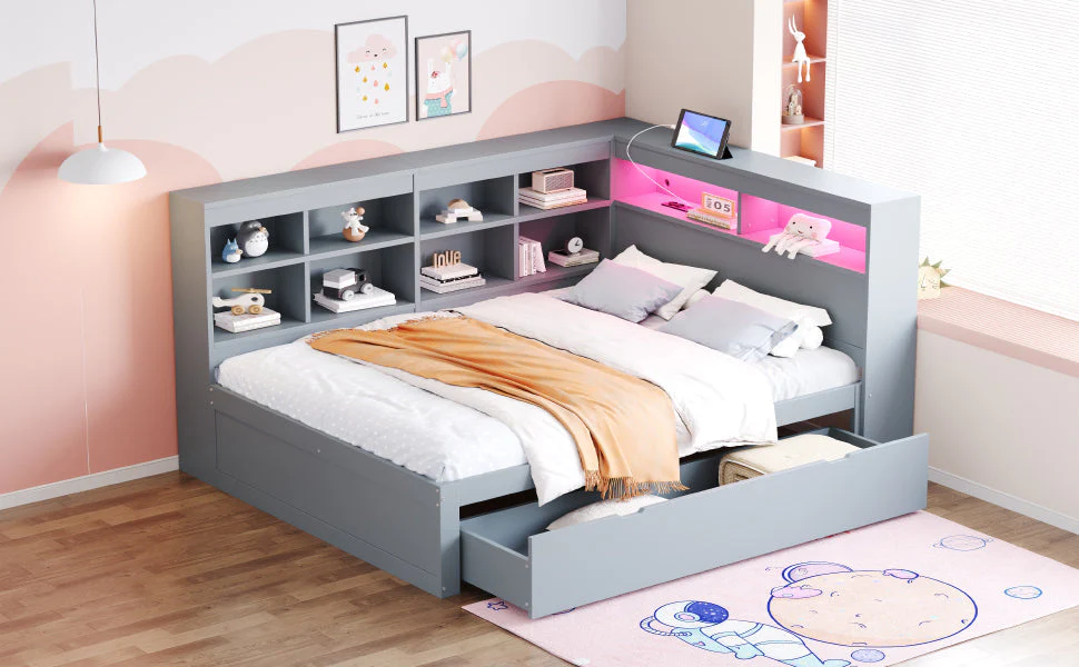 Solid Wood Sofa 140x200cm, Extra Large Drawers, USB, LED, Grey - Image 6
