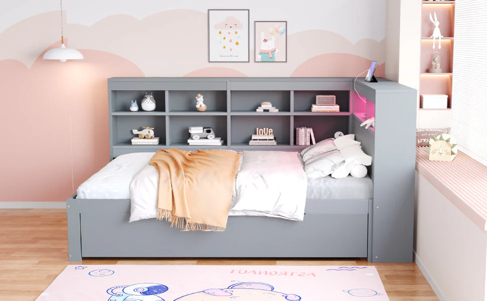 Solid Wood Sofa 140x200cm, Extra Large Drawers, USB, LED, Grey - Image 7
