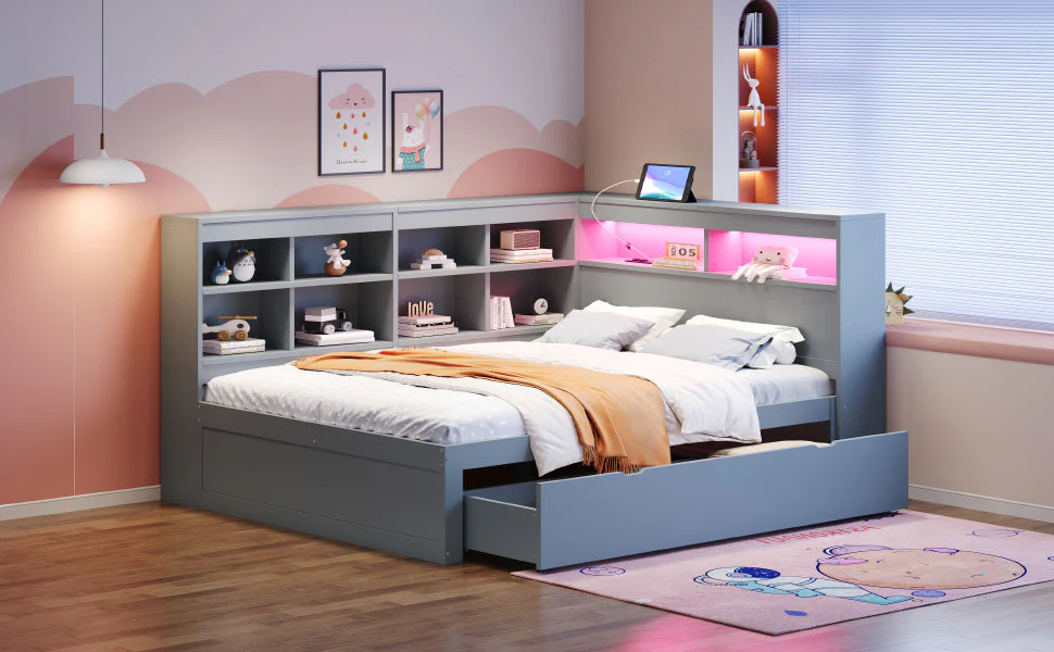Solid Wood Sofa 140x200cm, Extra Large Drawers, USB, LED, Grey - Image 8